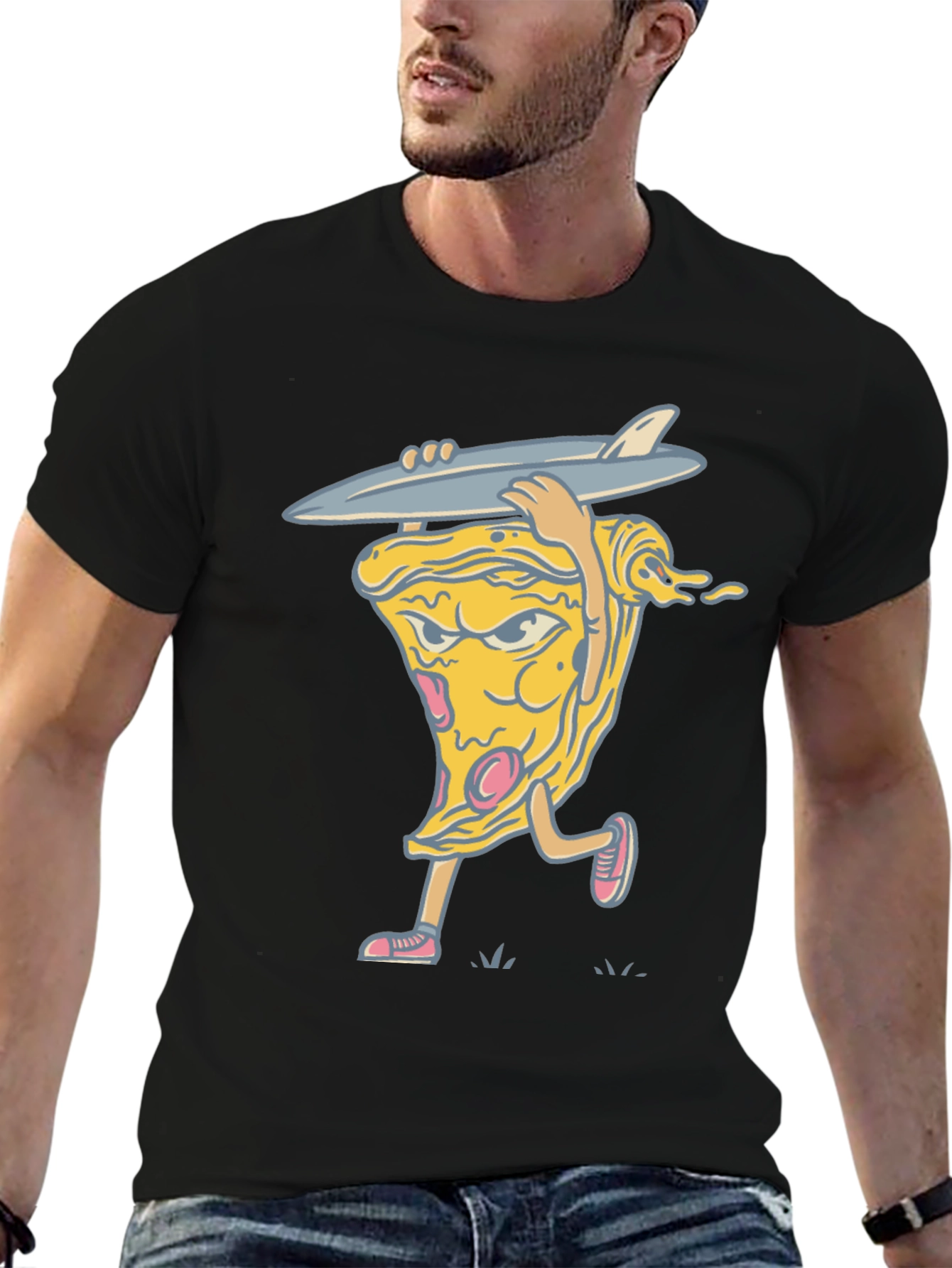 Black Pizza Surfer Graphic Tee - Cool Casual Wear view 6