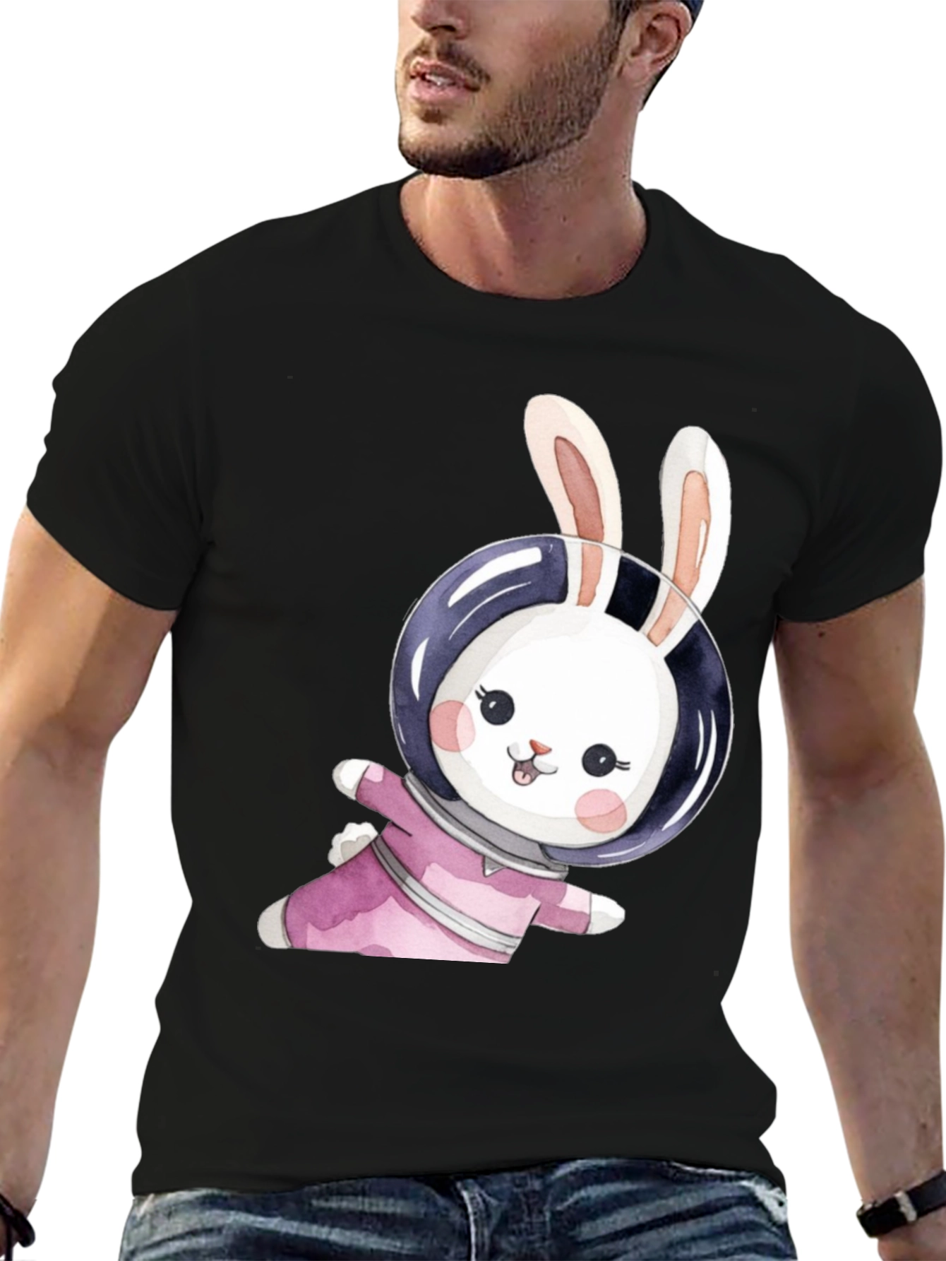 Black Cute Bunny Astronaut Black T-Shirt view 6