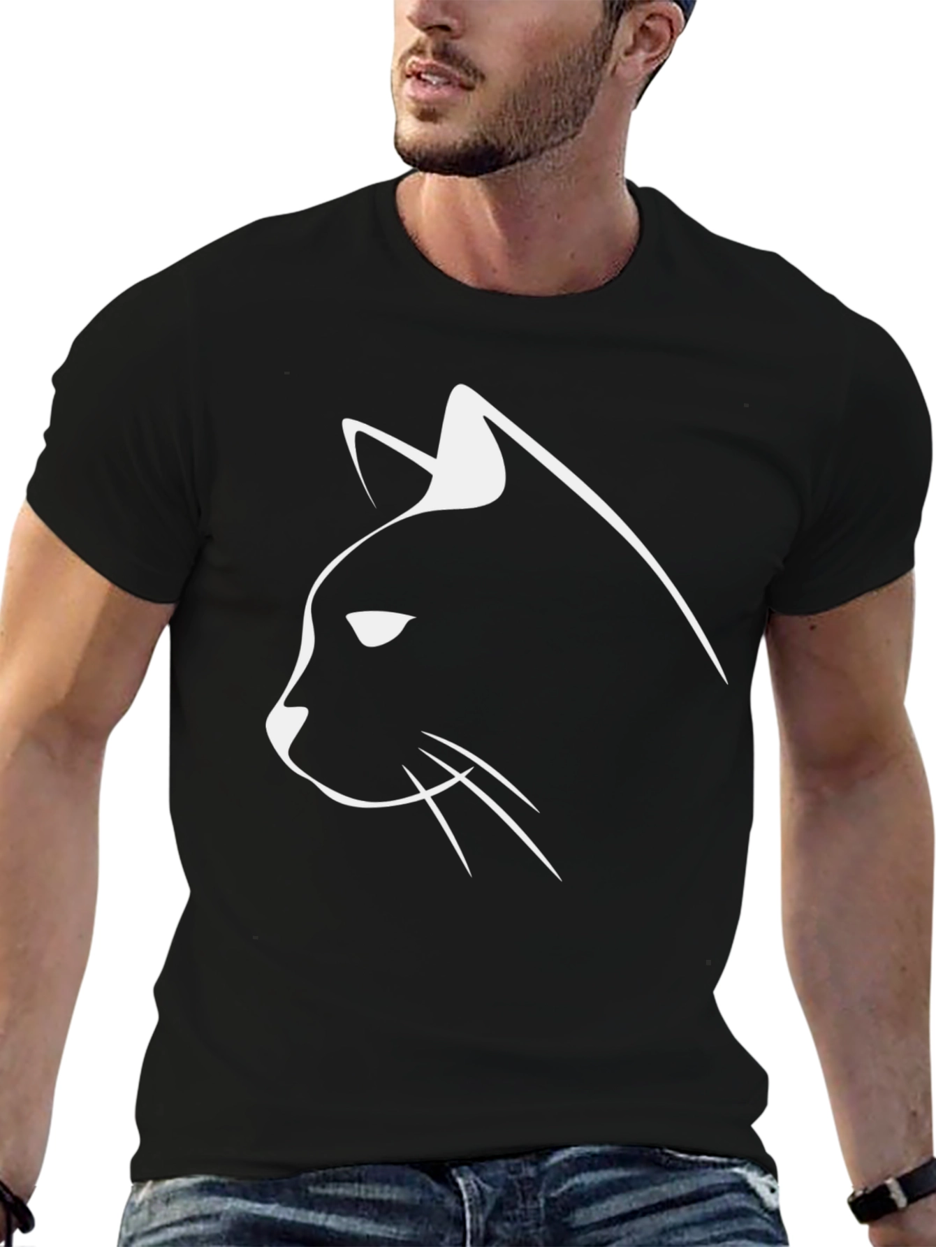 Black Minimalist Cat Graphic T-Shirt - Black view 6