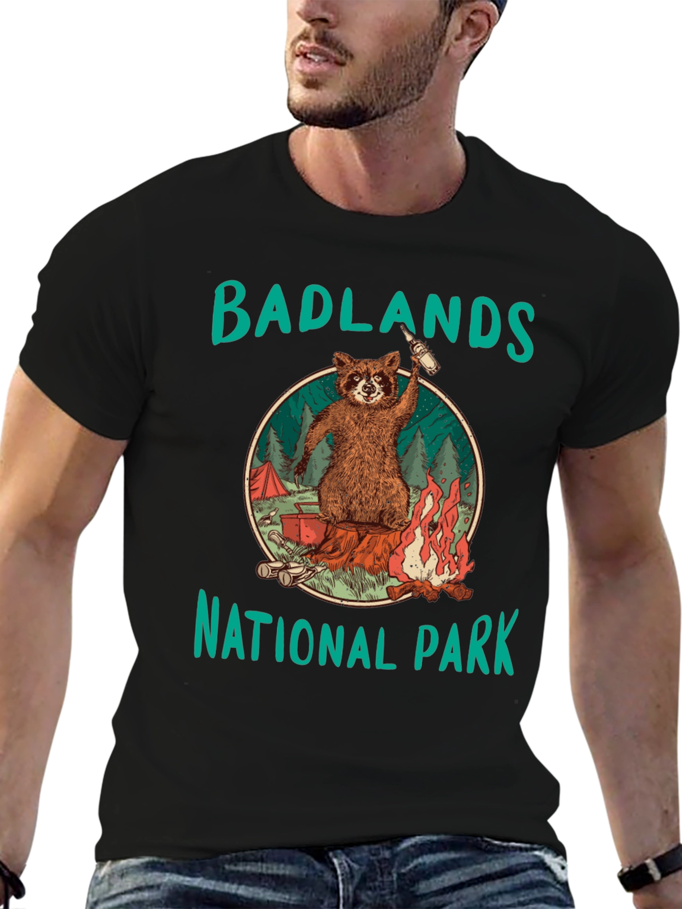 Black Badlands National Park Raccoon Camping Black T-Shirt view 6