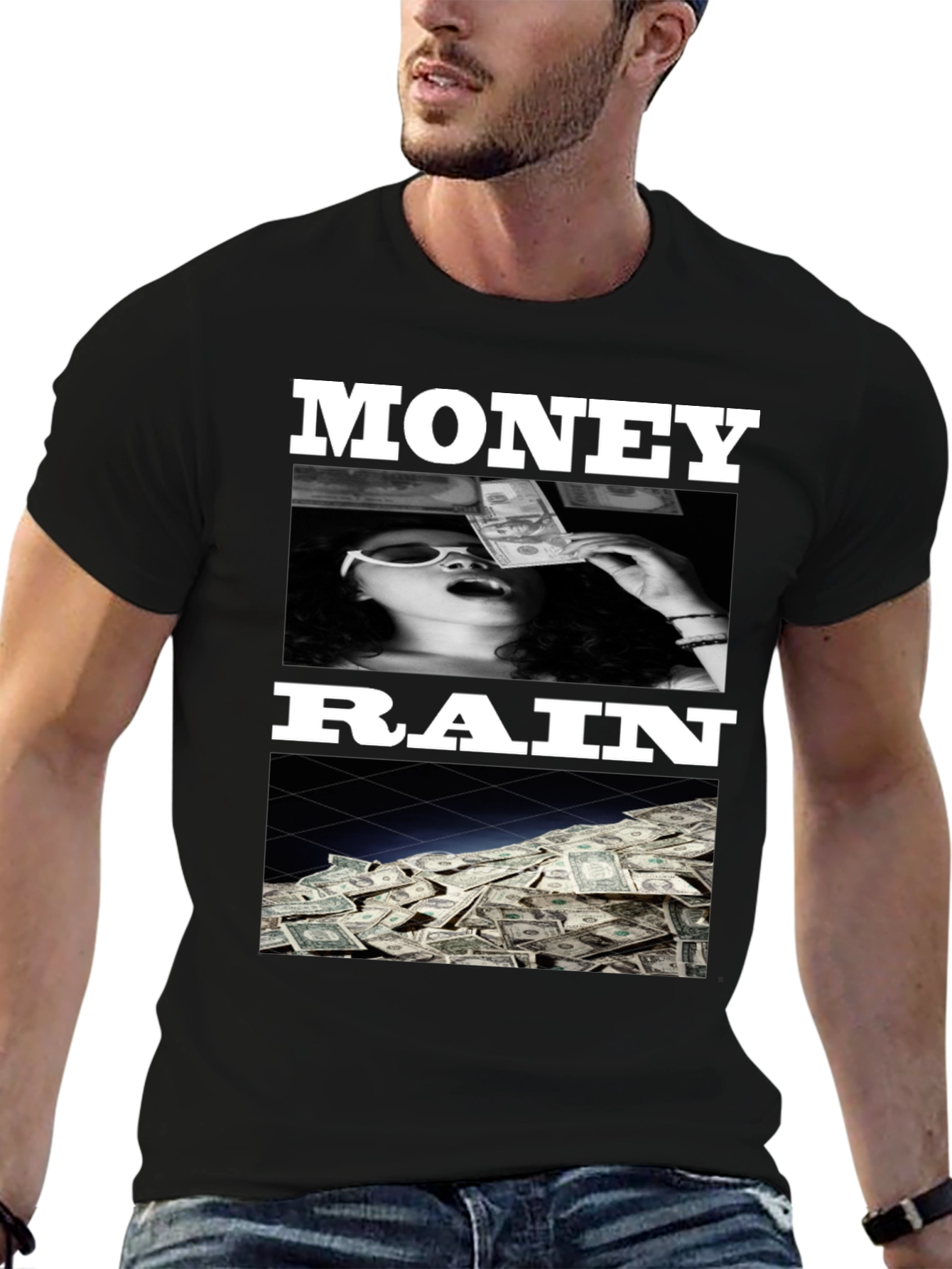Black Money Rain Graphic Tee - Trendy Black T-Shirt view 6