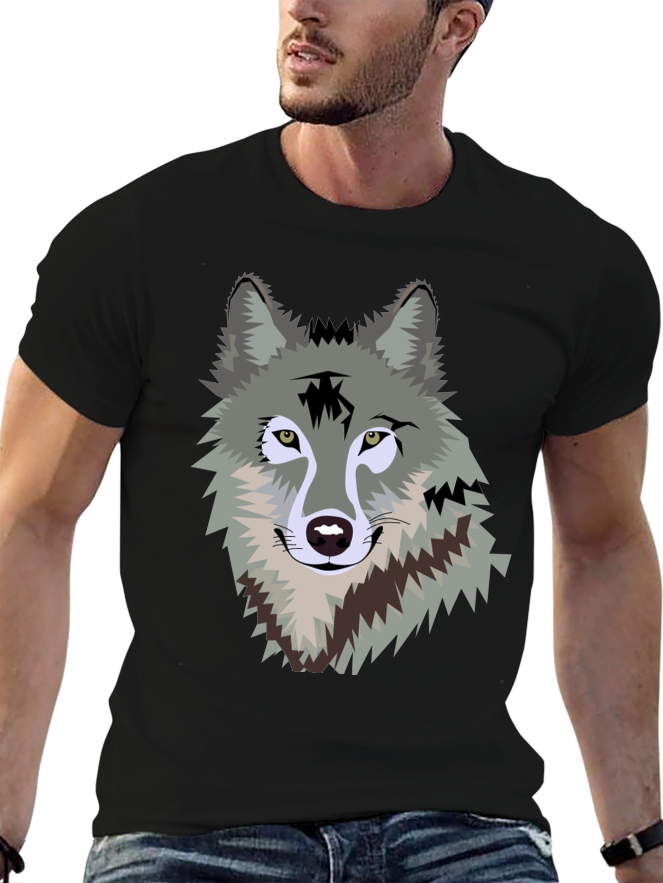 Black Men's Black T-Shirt with Wolf Graphic view 6