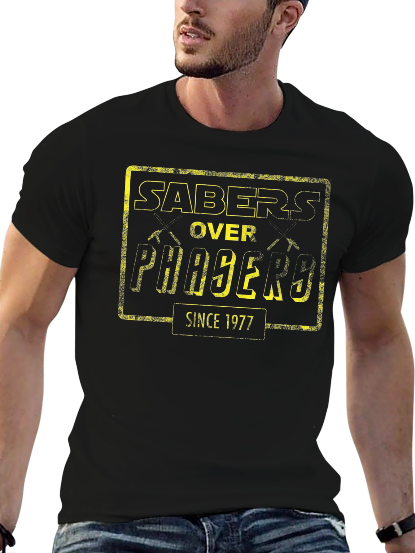 Black Sabers Over Phasers Since 1977 Black T-Shirt view 6