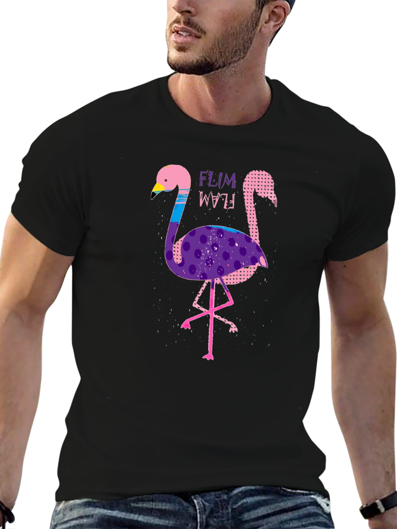 Black Funky Flamingo Graphic Tee - Stylish Black T-Shirt view 6