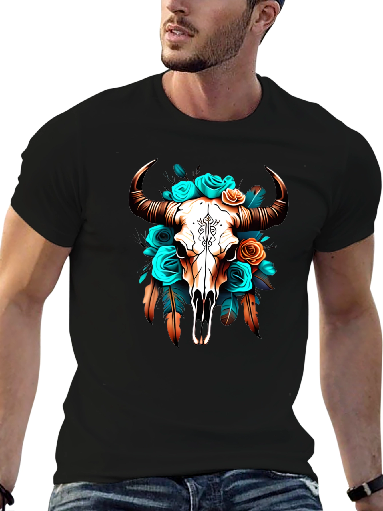 Black Floral Bull Skull Graphic Tee - Western Style view 6