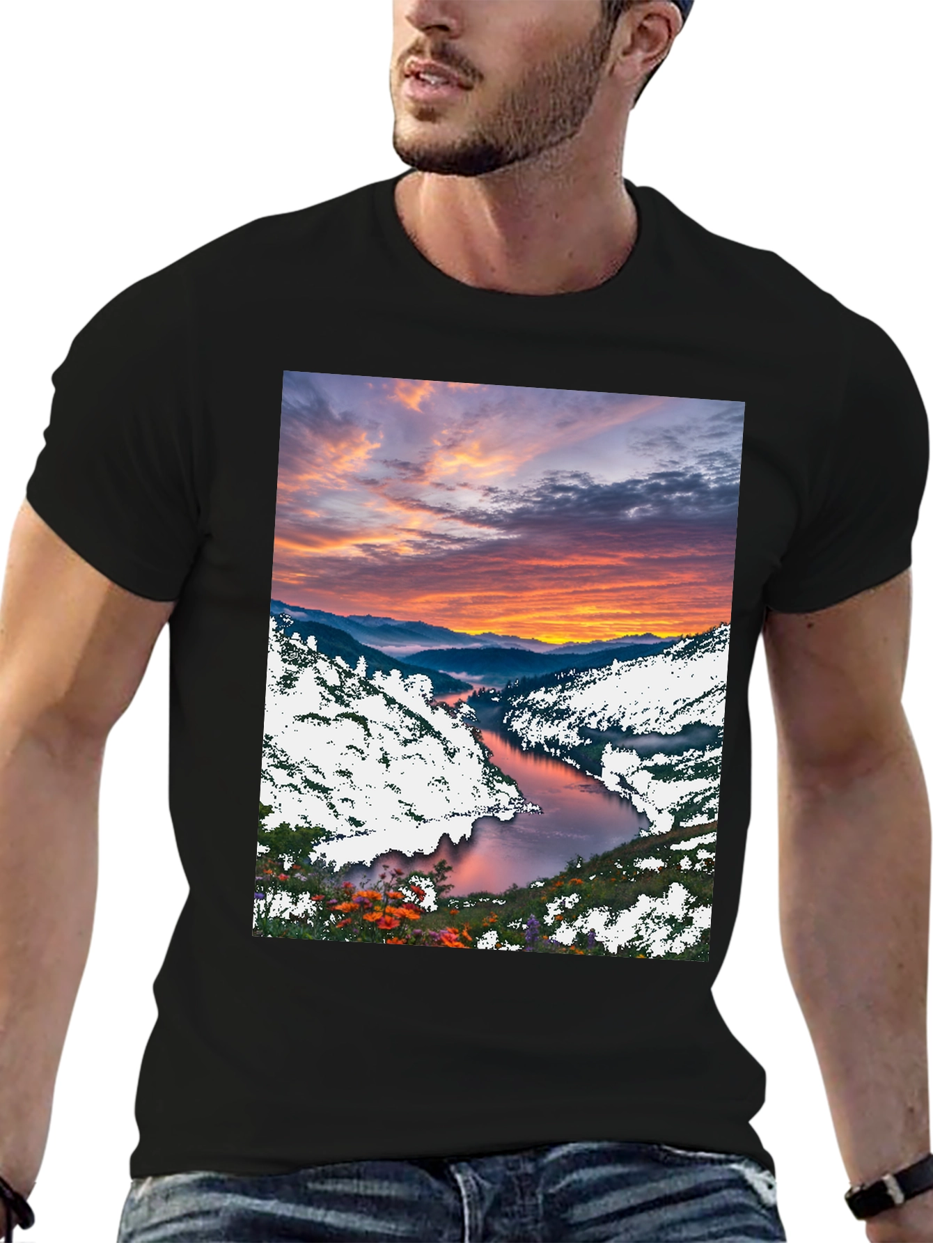 Black Scenic River Sunset T-Shirt view 6