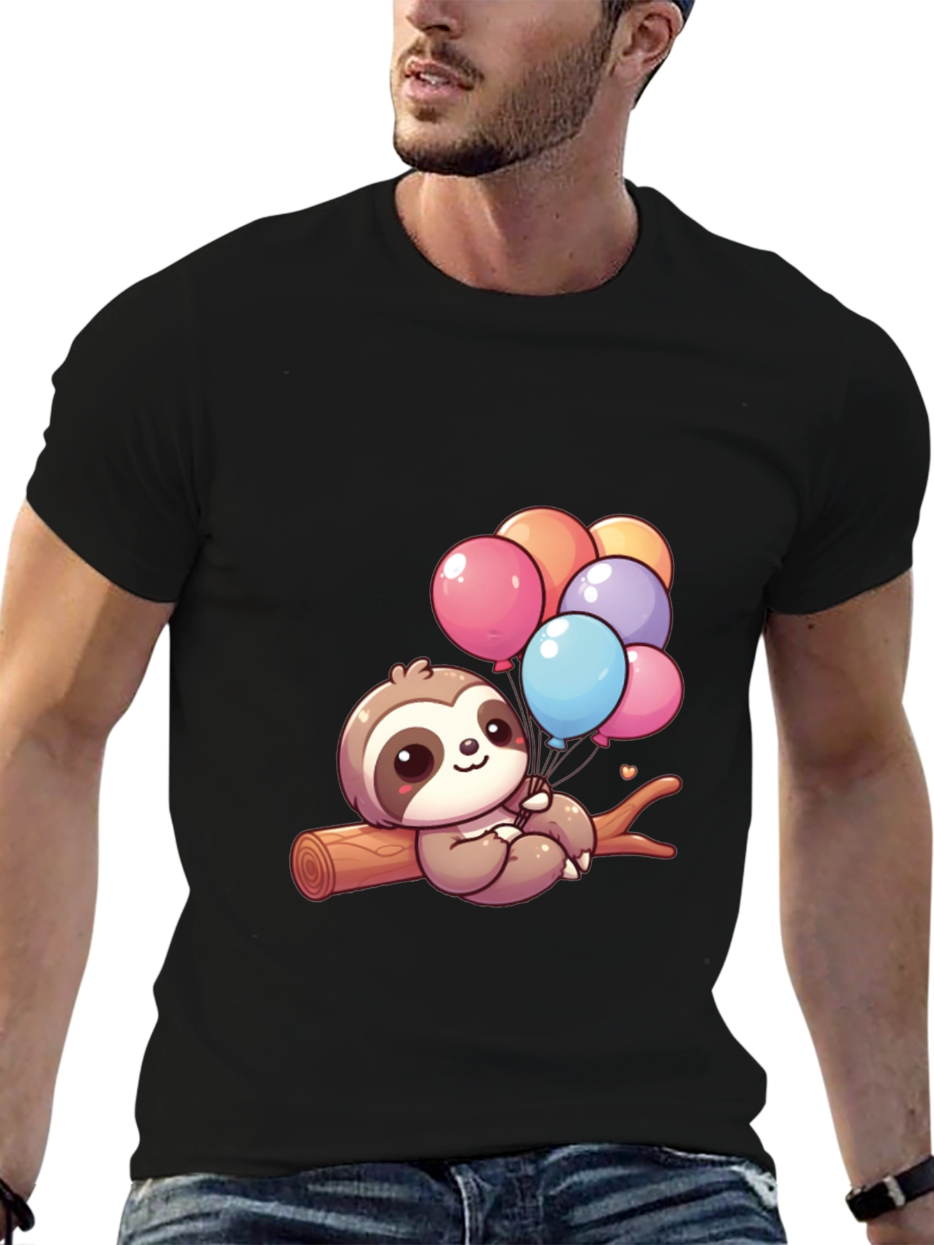 Black Sloth with Balloons Graphic Tee - Cute & Comfy! view 6