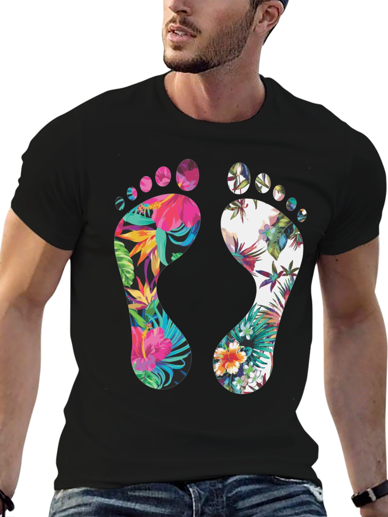 Black Tropical Floral Footprint T-Shirt view 6