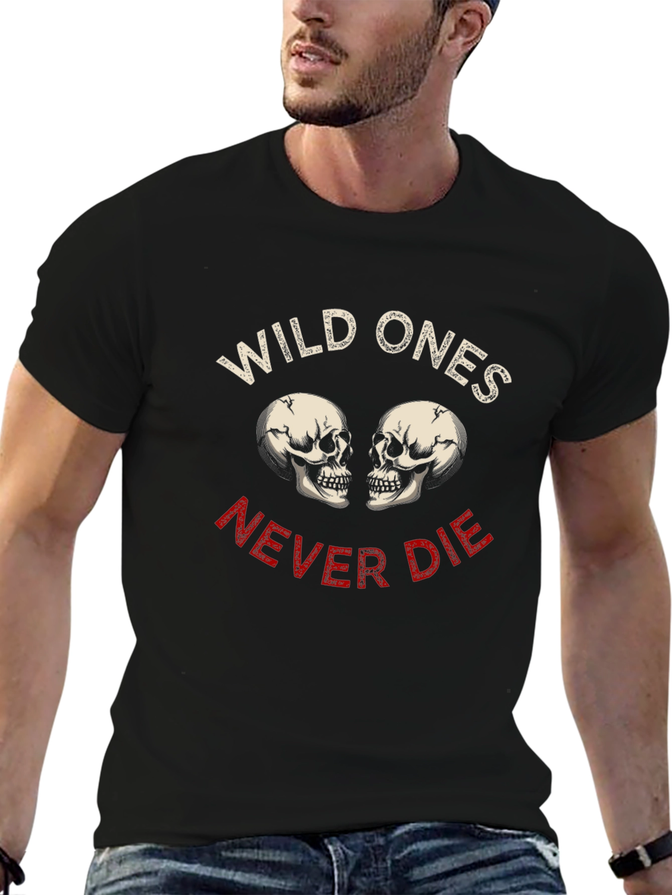 Black Wild Ones Never Die Skull Graphic Tee view 6
