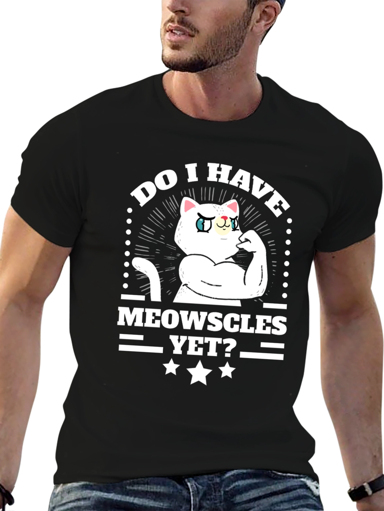 Black Funny Cat Muscles T-Shirt - Do I Have Meowscles Yet? view 6