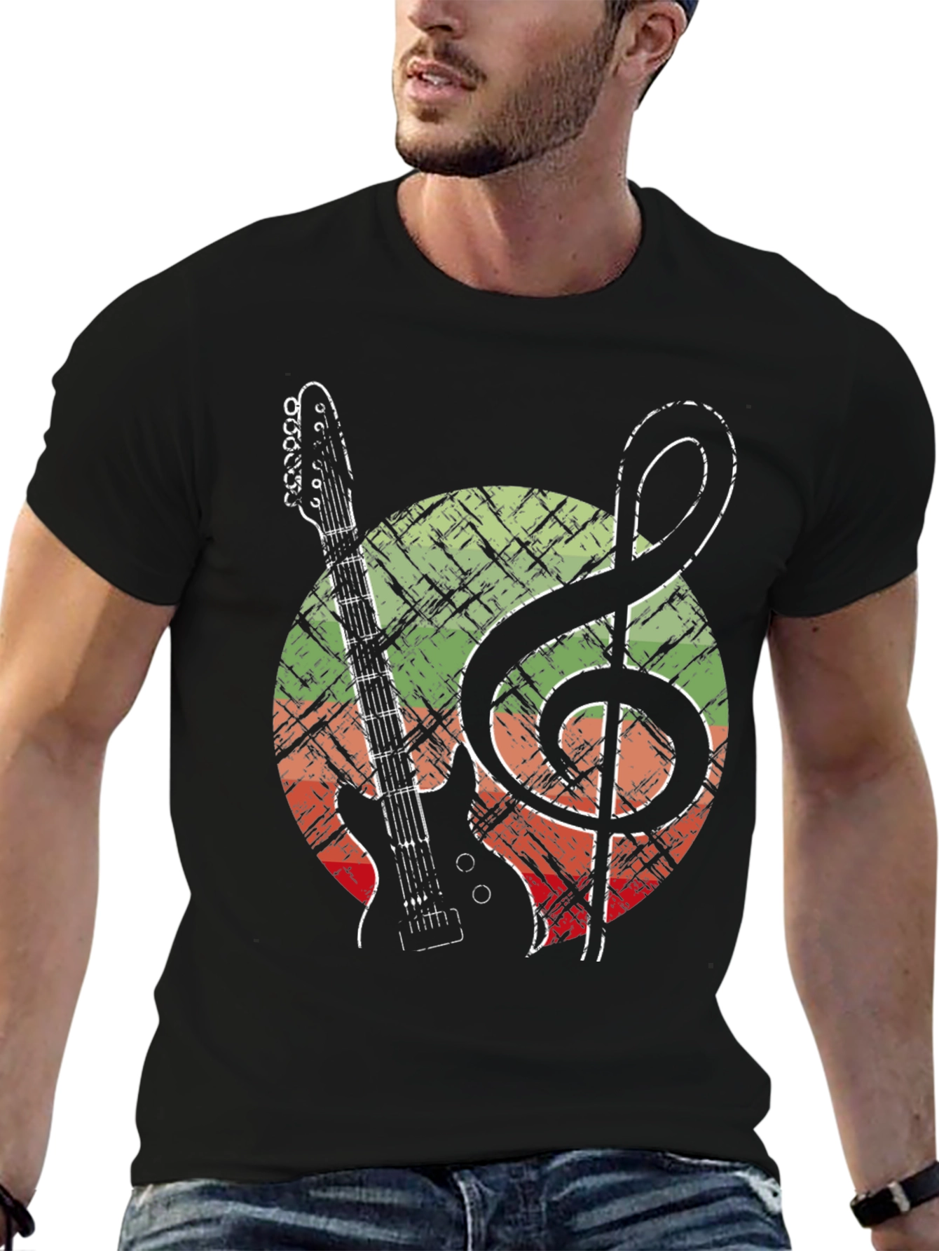 Black Guitar & Treble Clef Graphic Tee - Music Lover Shirt view 6