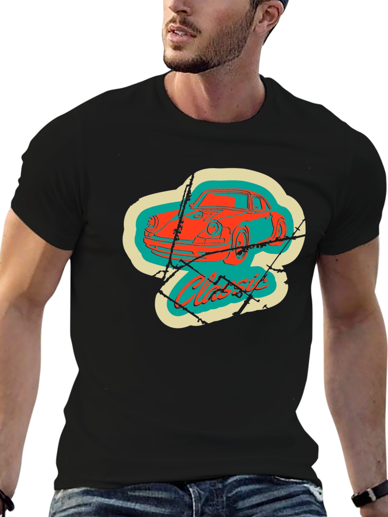 Black Classic Car Graphic Tee - Retro Style Black T-Shirt view 6