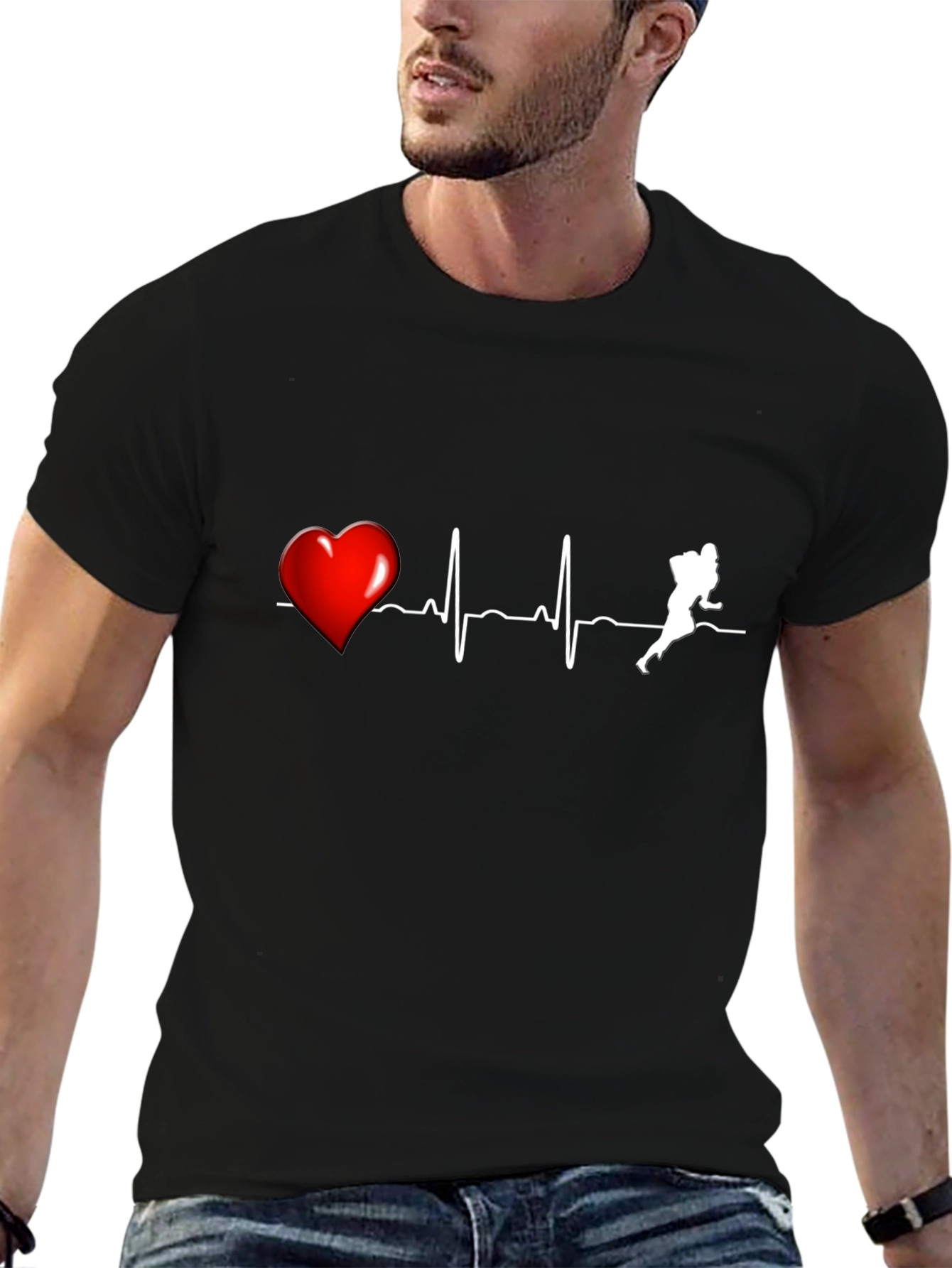 Black Football Heartbeat T-Shirt view 6