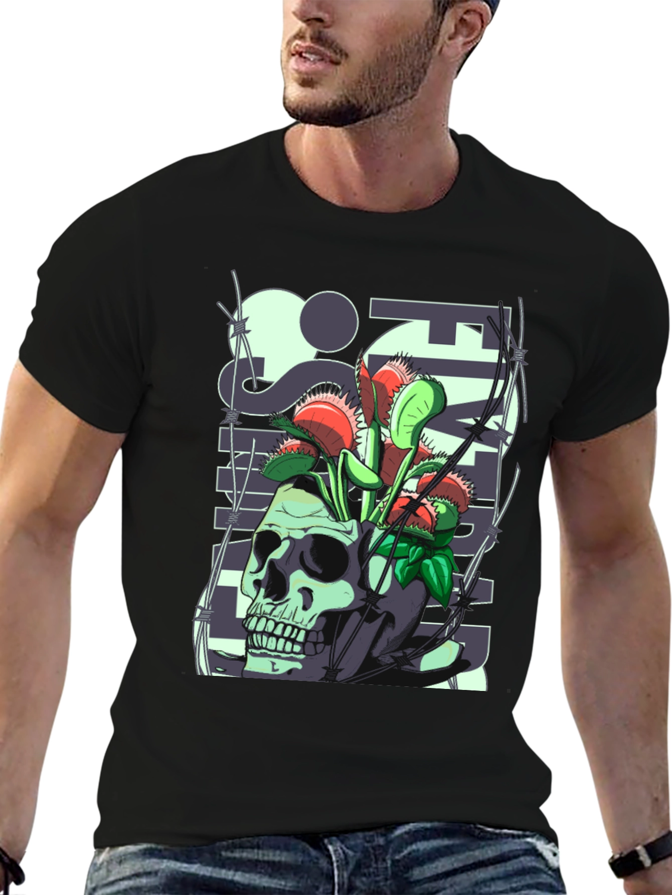 Black Skull & Venus Flytrap Graphic Tee - Unique Design view 6