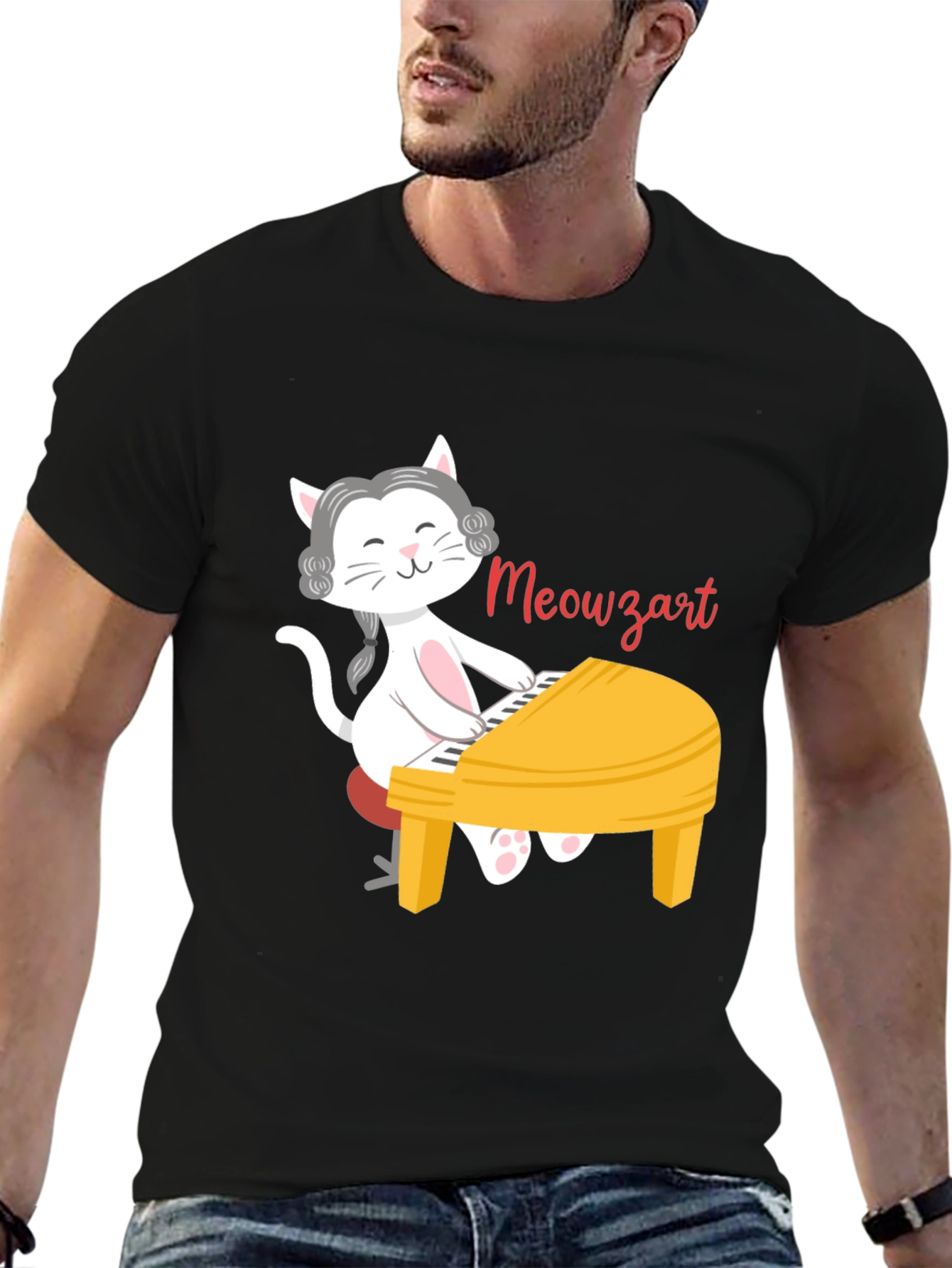 Black Meowzart Cat Playing Piano T-Shirt view 6