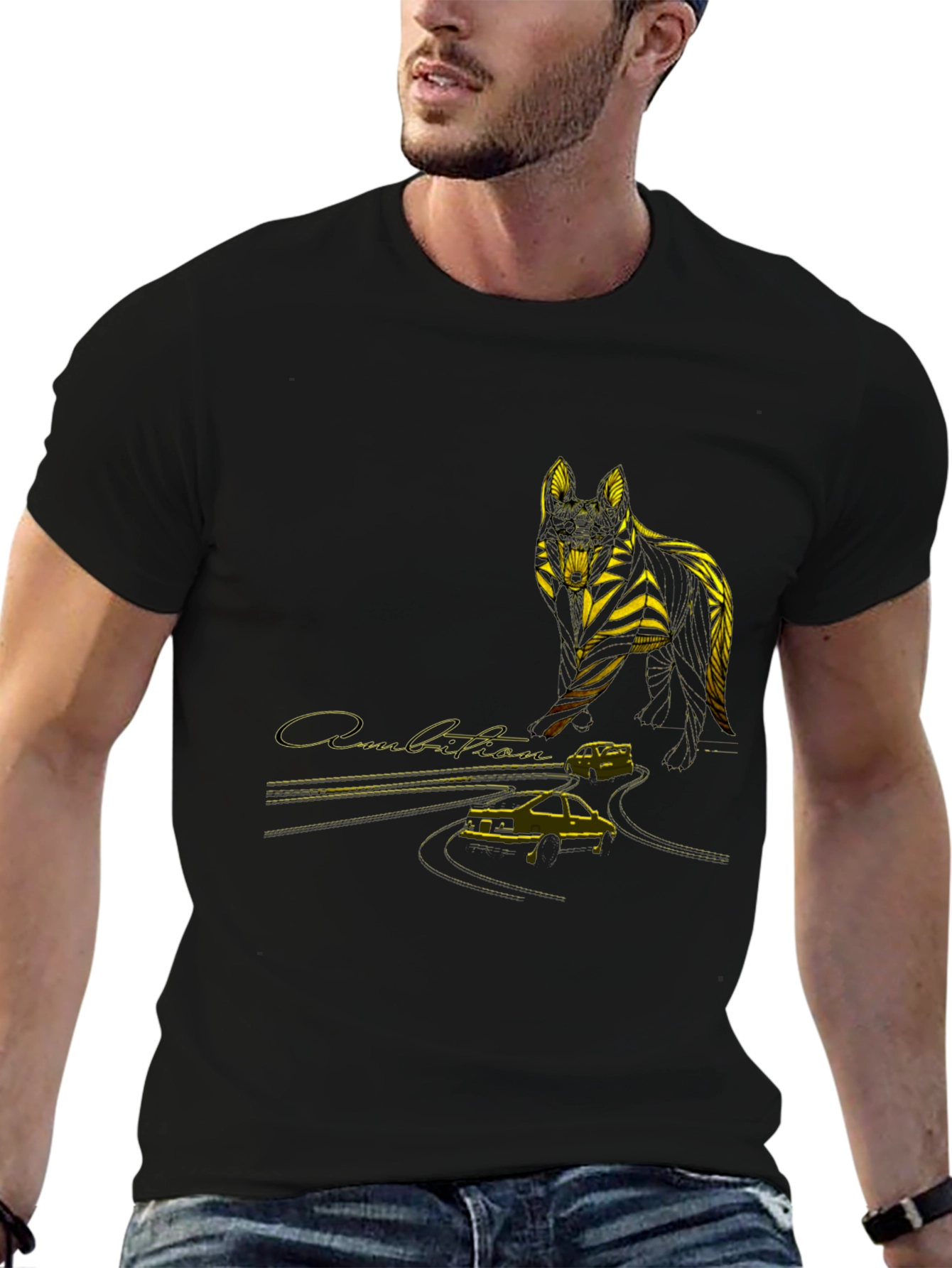 Black Wolf & Car Graphic T-Shirt - Stylish Black Tee view 6