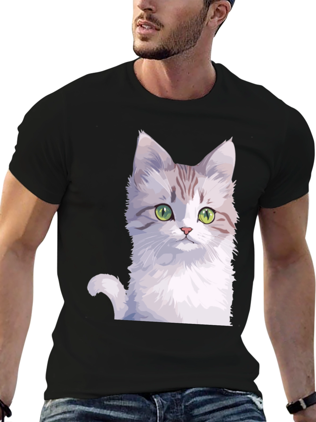 Black Cute Cat Graphic Tee - Black Cotton T-Shirt view 6