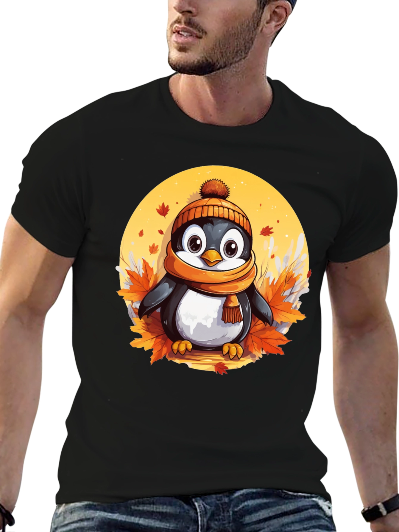 Black Cute Autumn Penguin Graphic Tee view 6