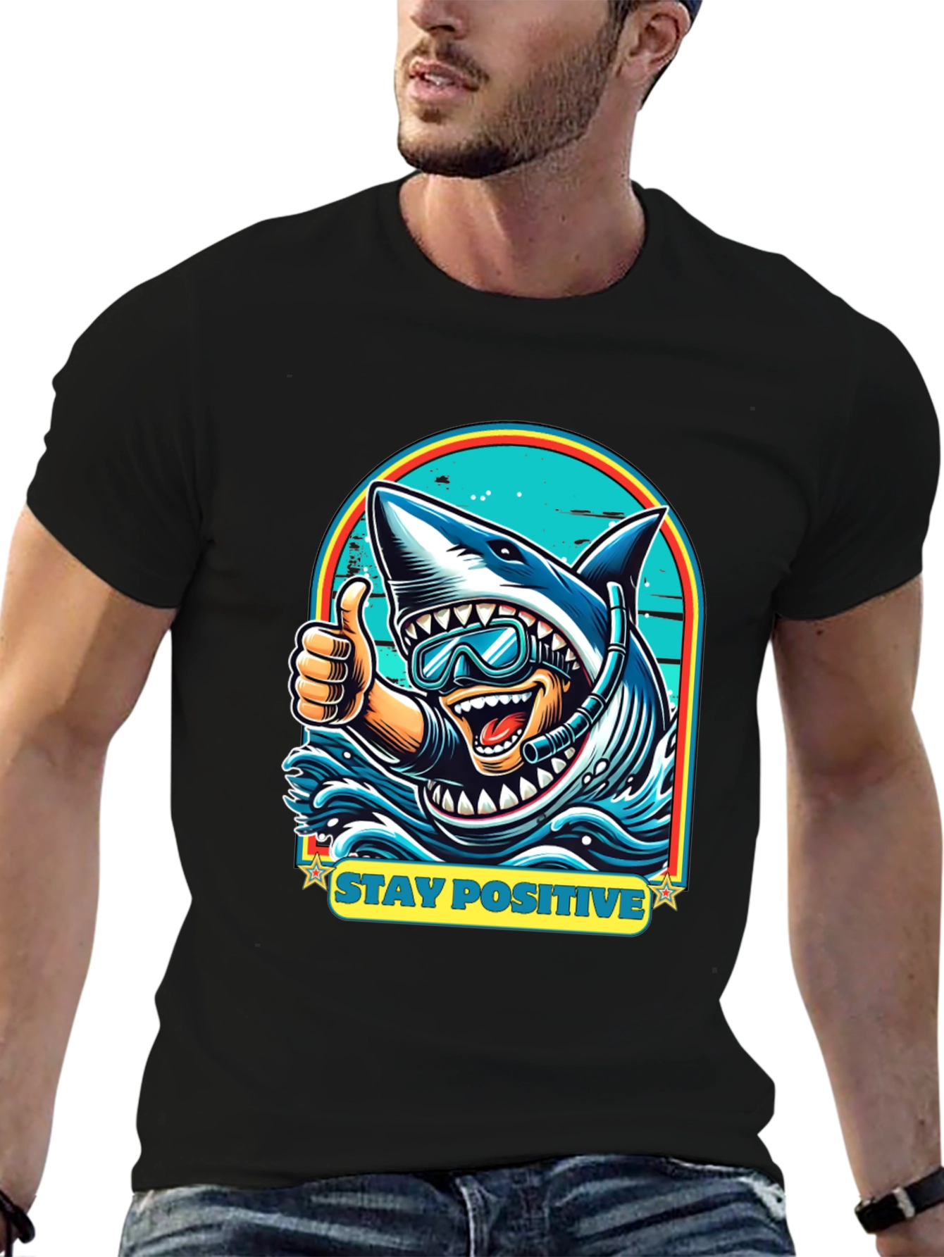 Black Stay Positive Shark Diver Graphic Tee - Black view 6