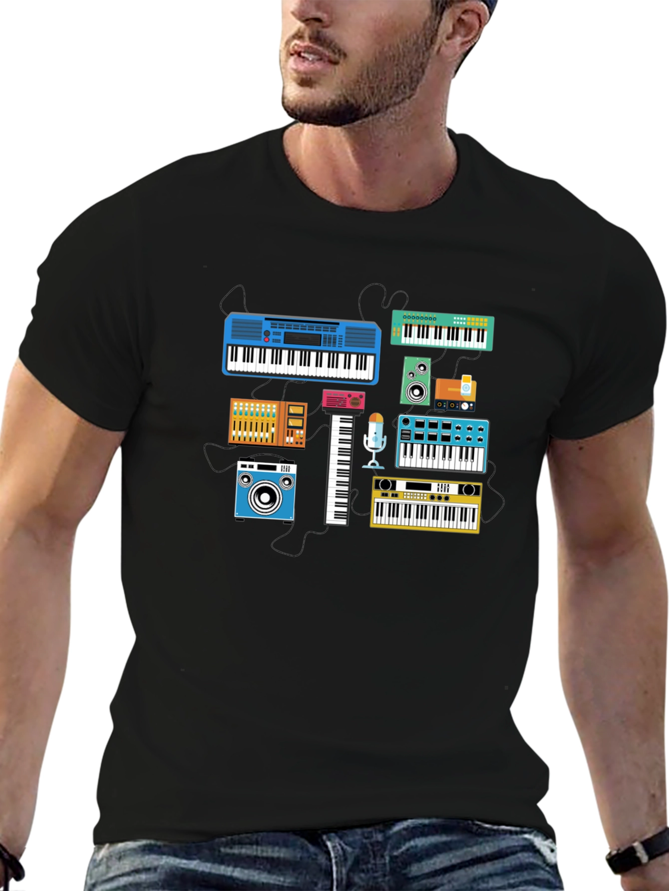 Black Retro Synth Music T-Shirt - Black Cotton Tee view 6