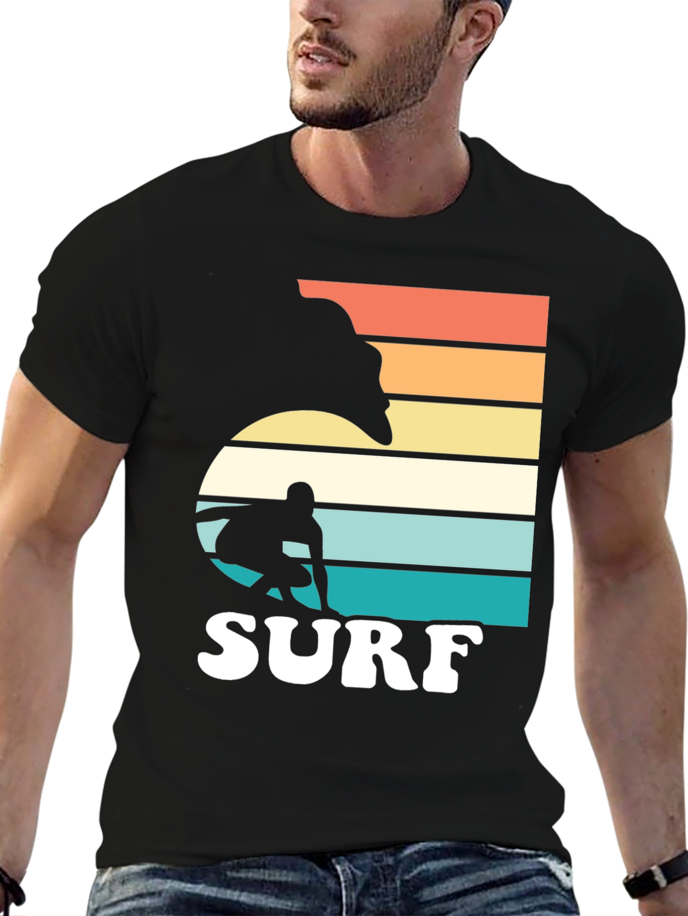 Black Retro Surf Graphic T-Shirt - Surfer Silhouette view 6
