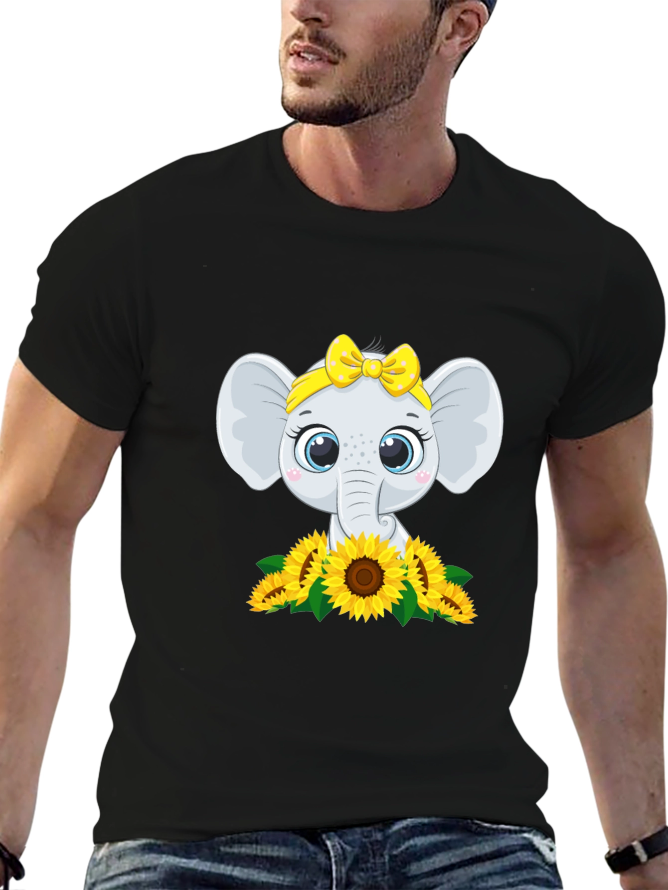 Black Cute Elephant Sunflower Graphic Tee view 6
