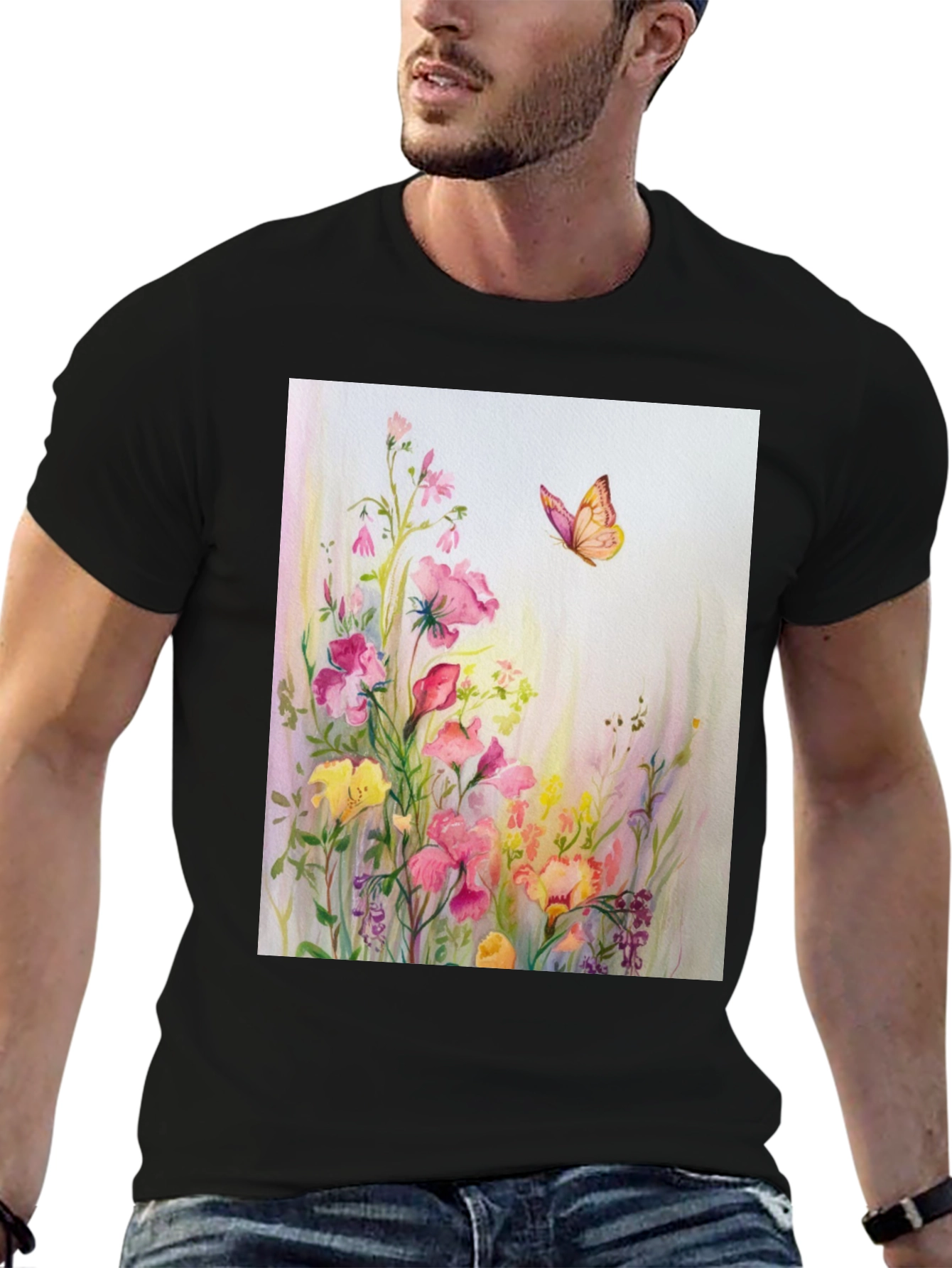 Black Floral Butterfly Print Black T-Shirt view 6