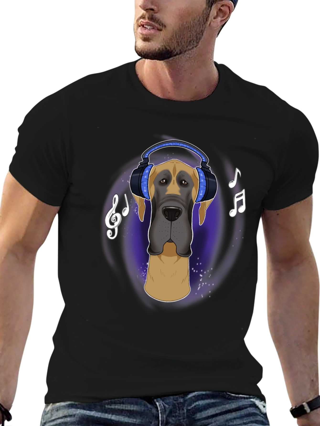 Black Dog with Headphones T-Shirt - Music Lover Tee view 6