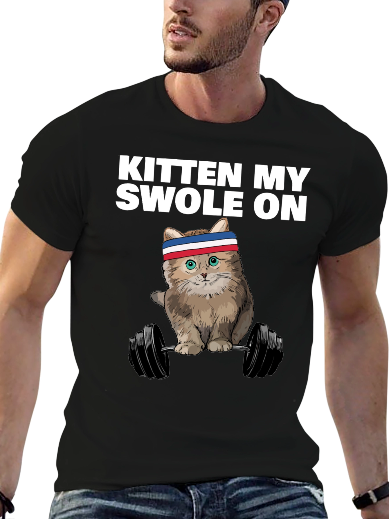 Black Kitten My Swole On T-Shirt - Weightlifting Cat view 6
