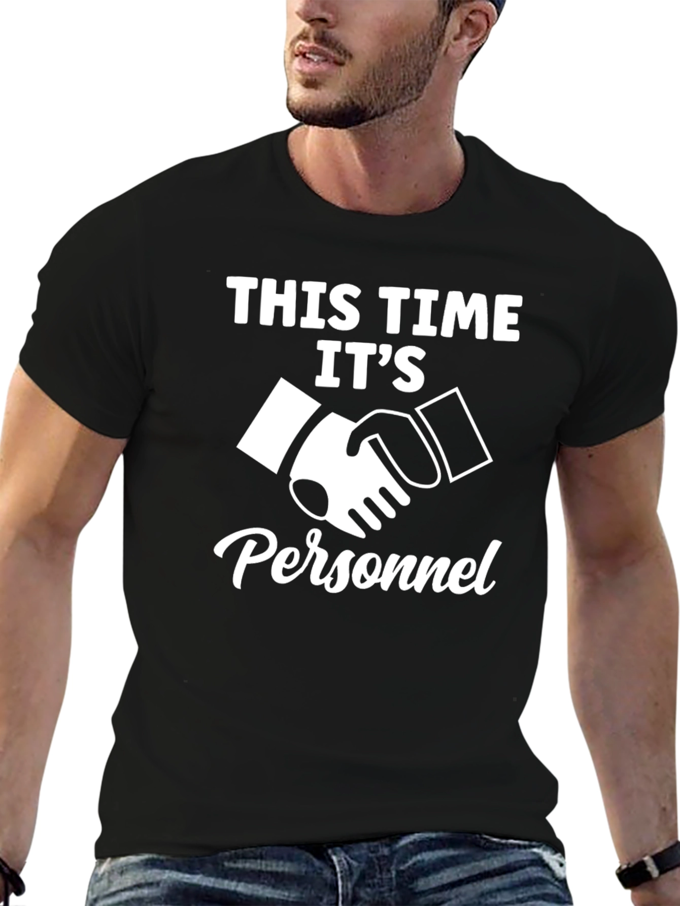 Black This Time It's Personnel T-Shirt - Funny Handshake view 6