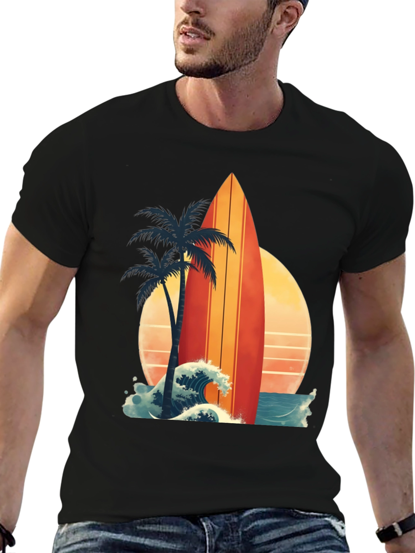 Black Retro Surfboard Palm Tee - Beach Vibes view 6