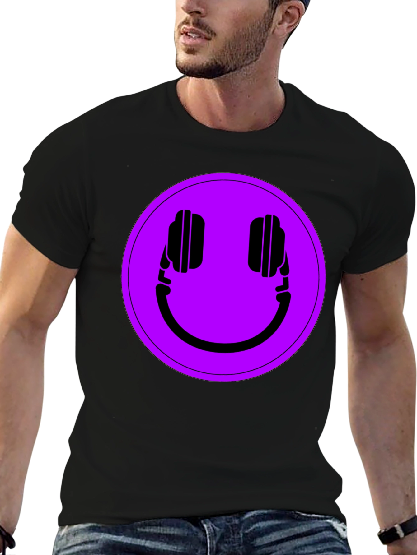 Black Headphone Smiley T-Shirt - Black Casual Tee view 6