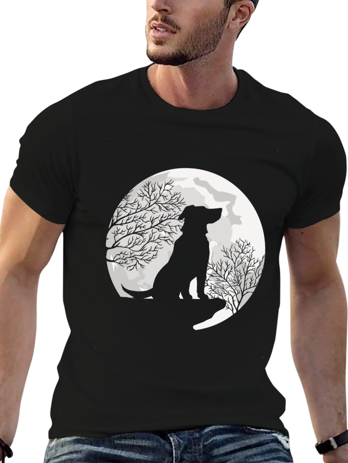 Black Moonlit Dog Silhouette Graphic Tee view 6