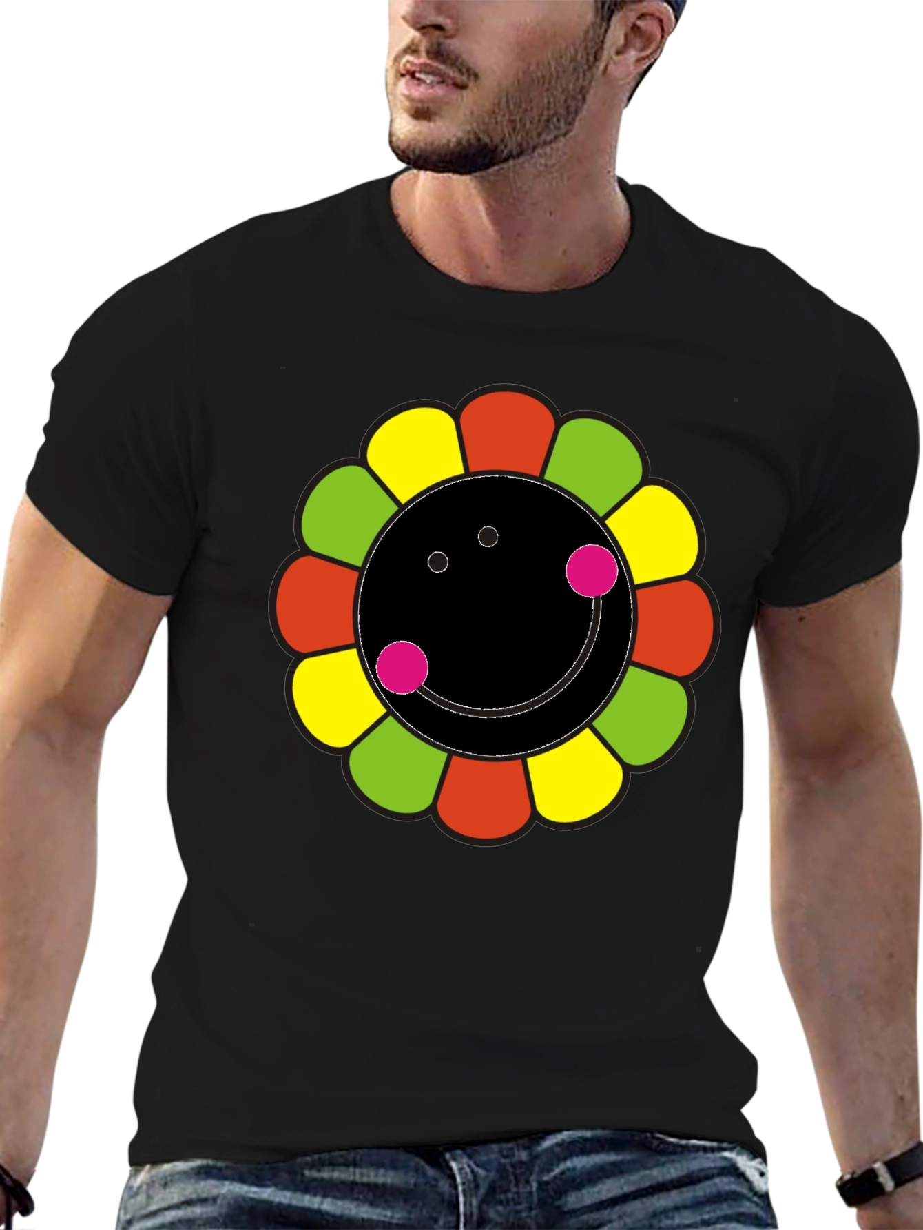 Black Funky Flower Smiley Black T-Shirt view 6