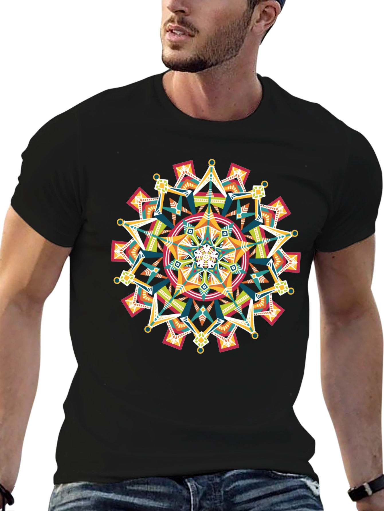 Black Geometric Mandala Graphic Black T-Shirt view 6