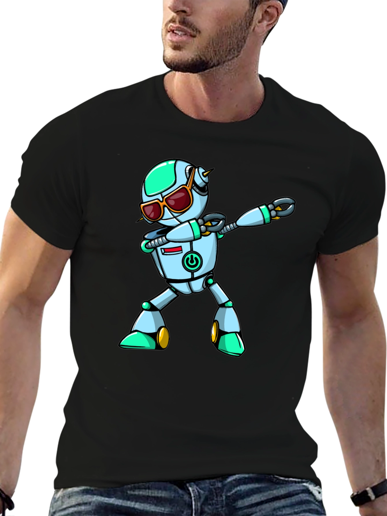 Black Dabbing Robot Graphic Tee - Cool Sci-Fi T-Shirt view 6