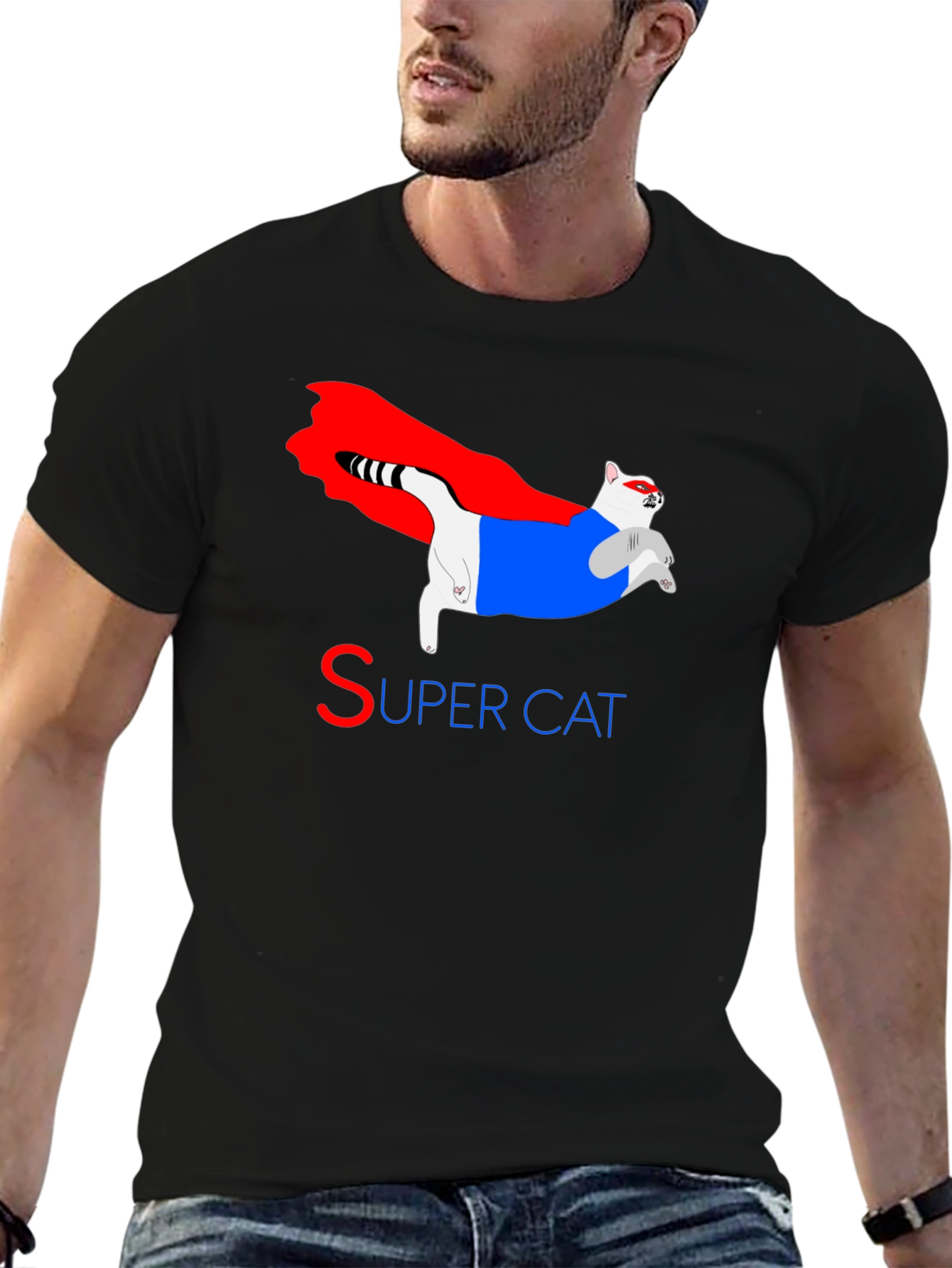 Black Super Cat Graphic Tee - Black Cotton Blend T-Shirt view 6