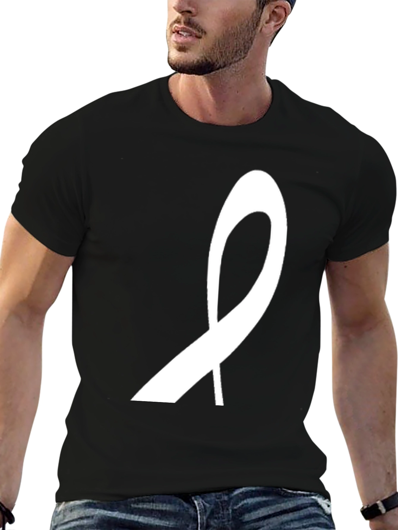 Black T-Shirt with White Awareness Ribbon Design - 6
