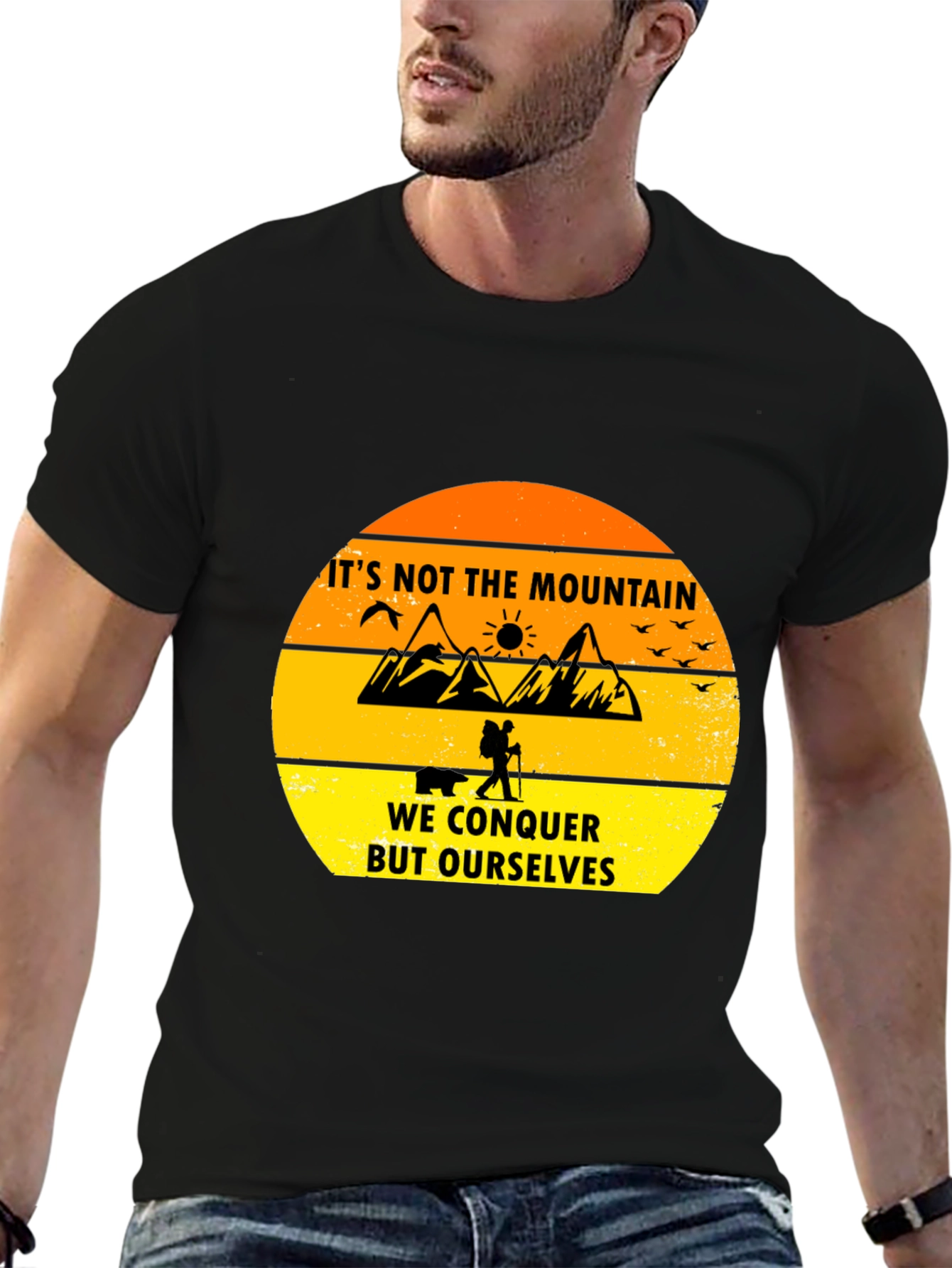 Black Motivational Hiking T-Shirt - Conquer Yourself view 6