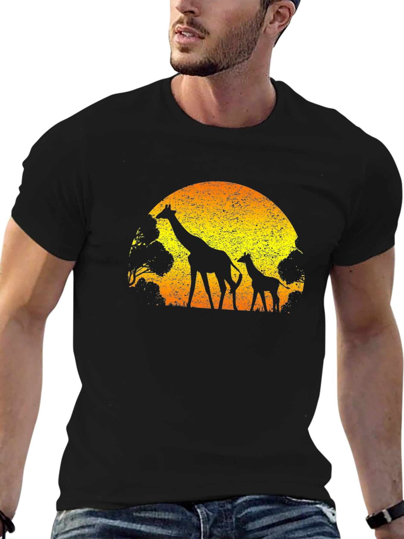 Black Giraffe Sunset Graphic Tee - Black Cotton T-Shirt view 6