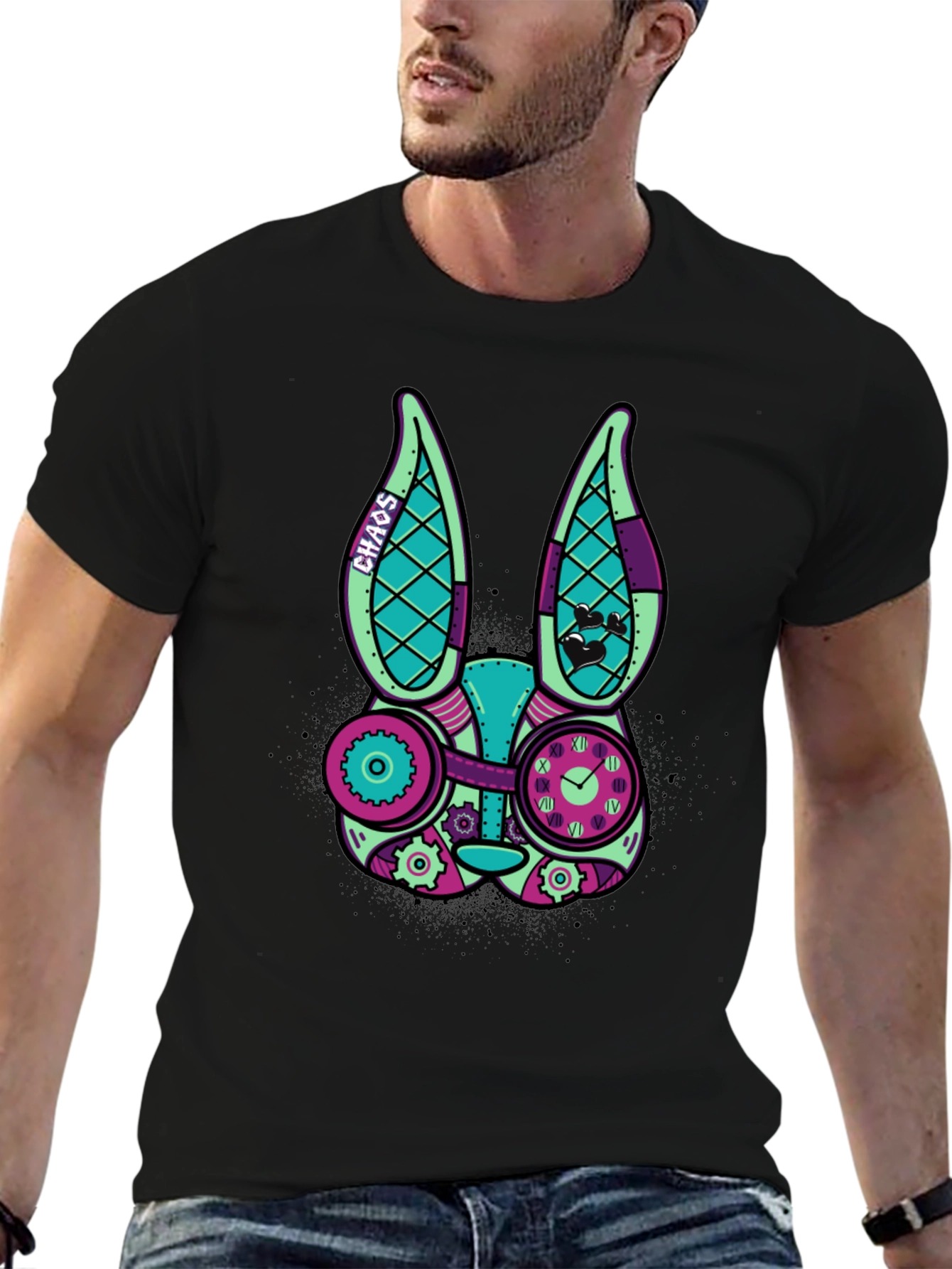 Black Steampunk Rabbit Graphic T-Shirt view 6