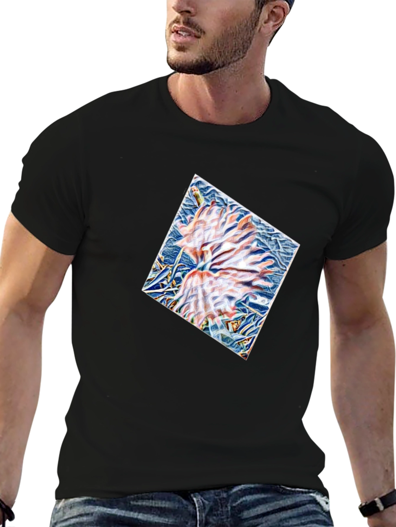 Black Abstract Floral Print Black T-Shirt view 6