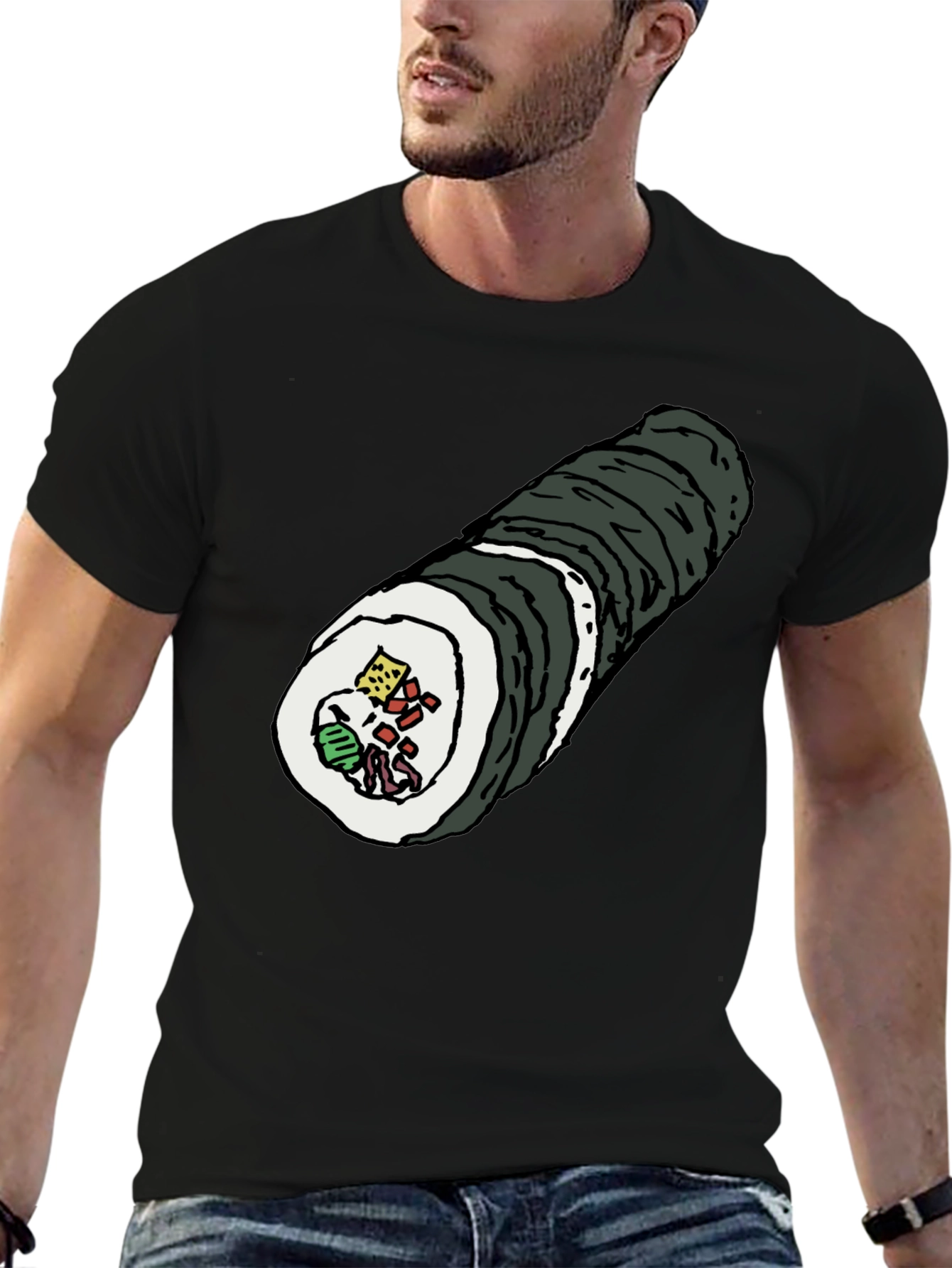 Black Sushi Roll Graphic Tee - Black Cotton T-Shirt view 6
