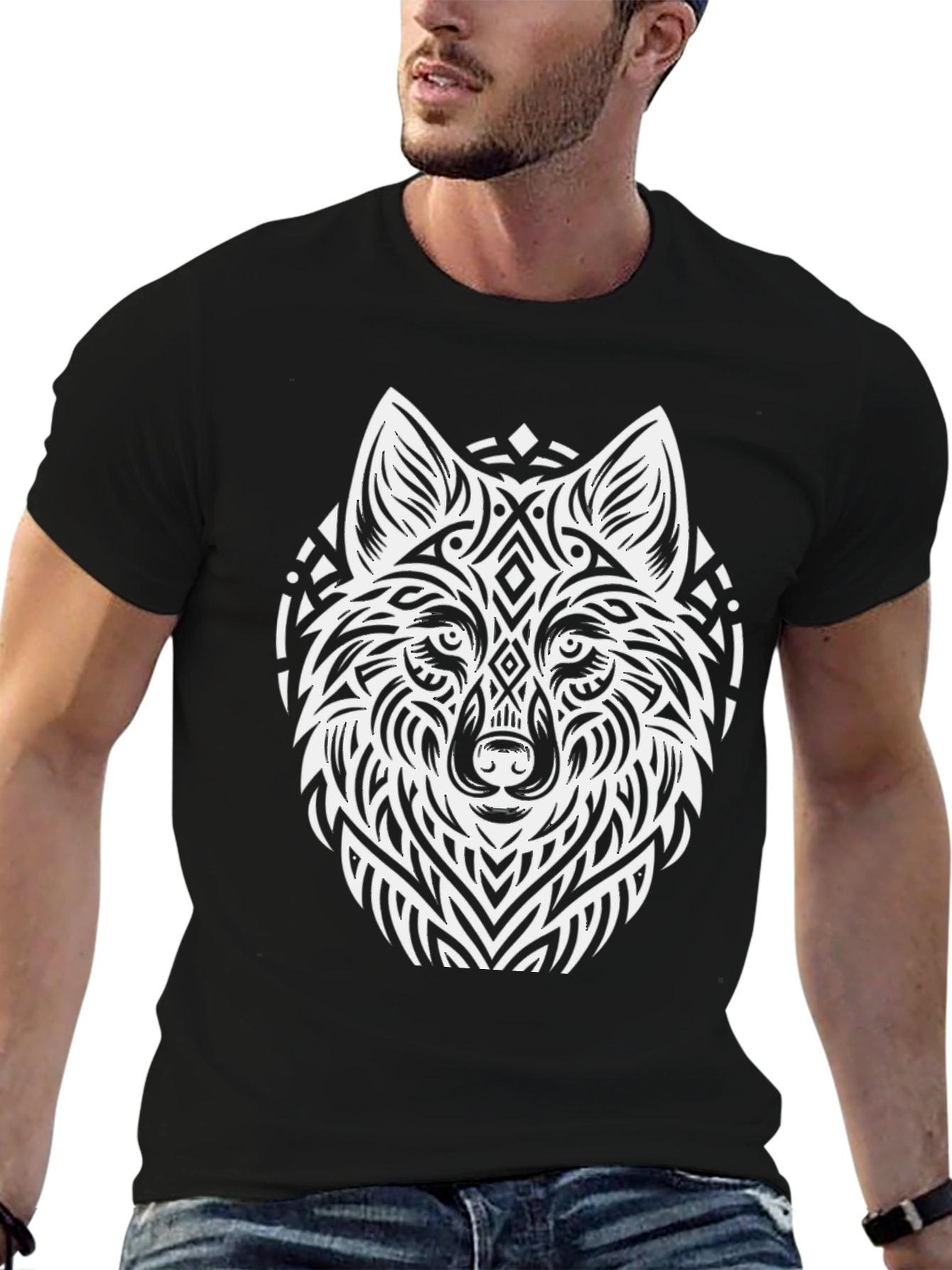 Black Tribal Wolf Graphic T-Shirt - Black view 6