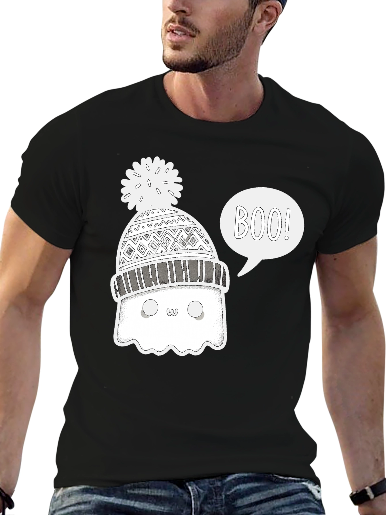 Black Boo Ghost Winter Hat T-Shirt view 6