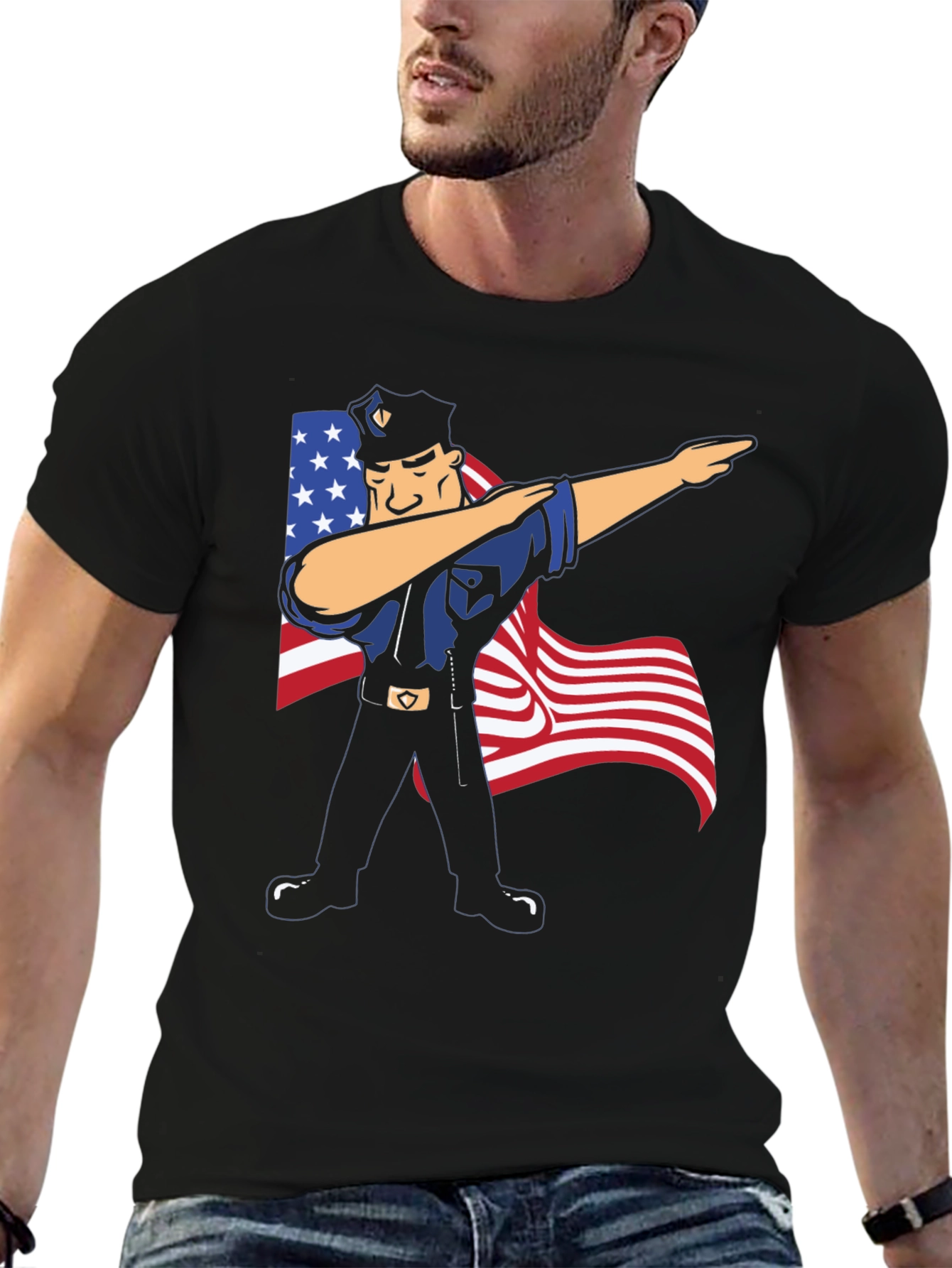 Black Police Officer Dabbing USA Flag Patriotic T-Shirt view 6