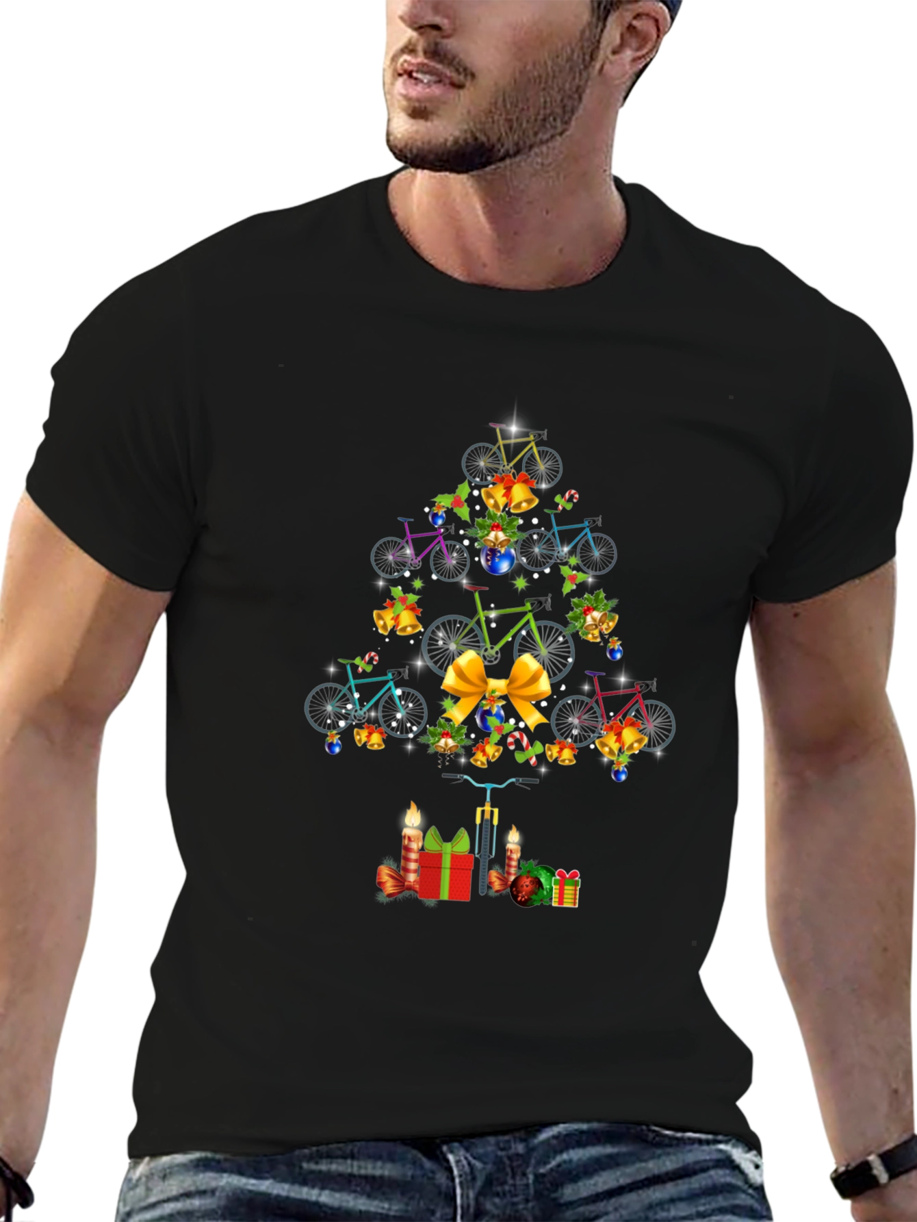 Black Christmas Bicycle Tree T-Shirt view 6