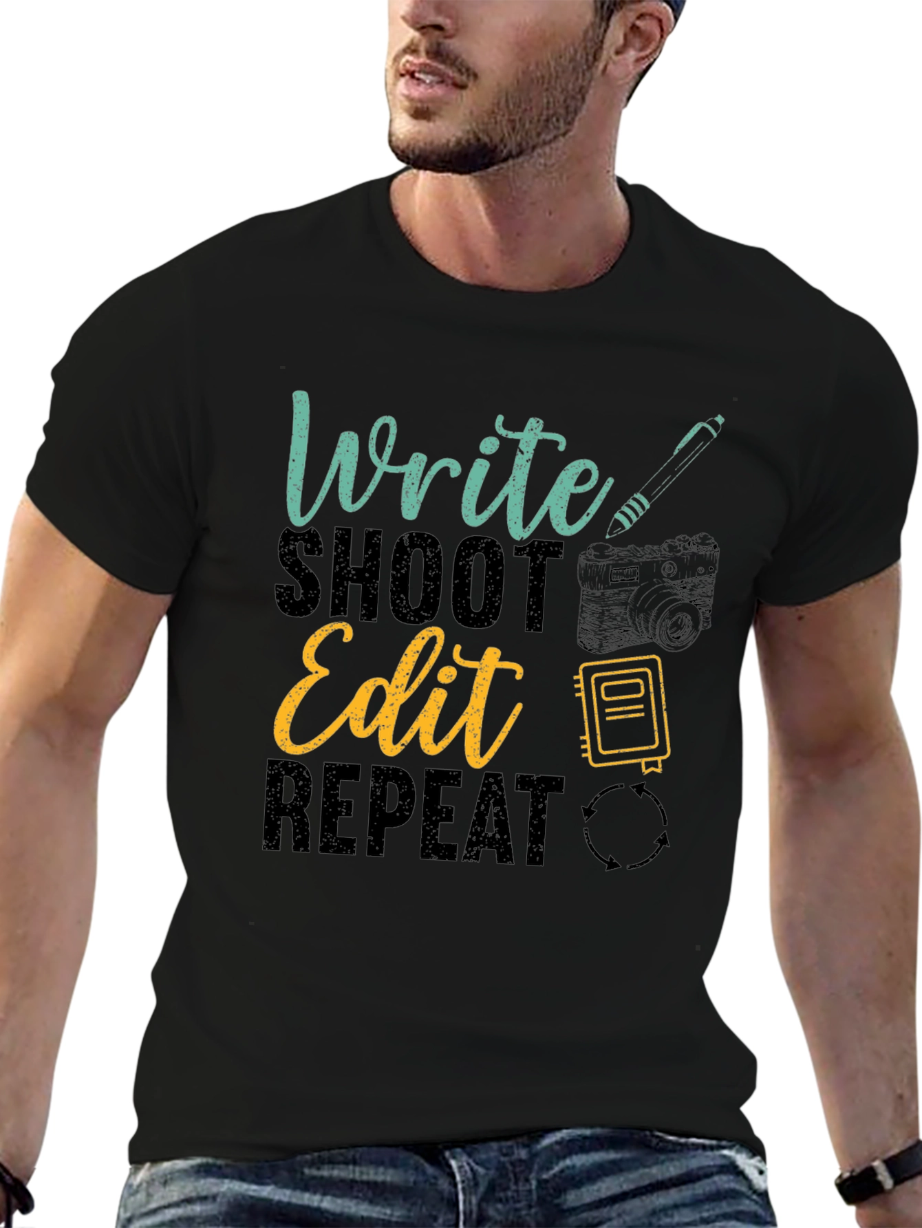 Black Write Shoot Edit Repeat Graphic T-Shirt view 6
