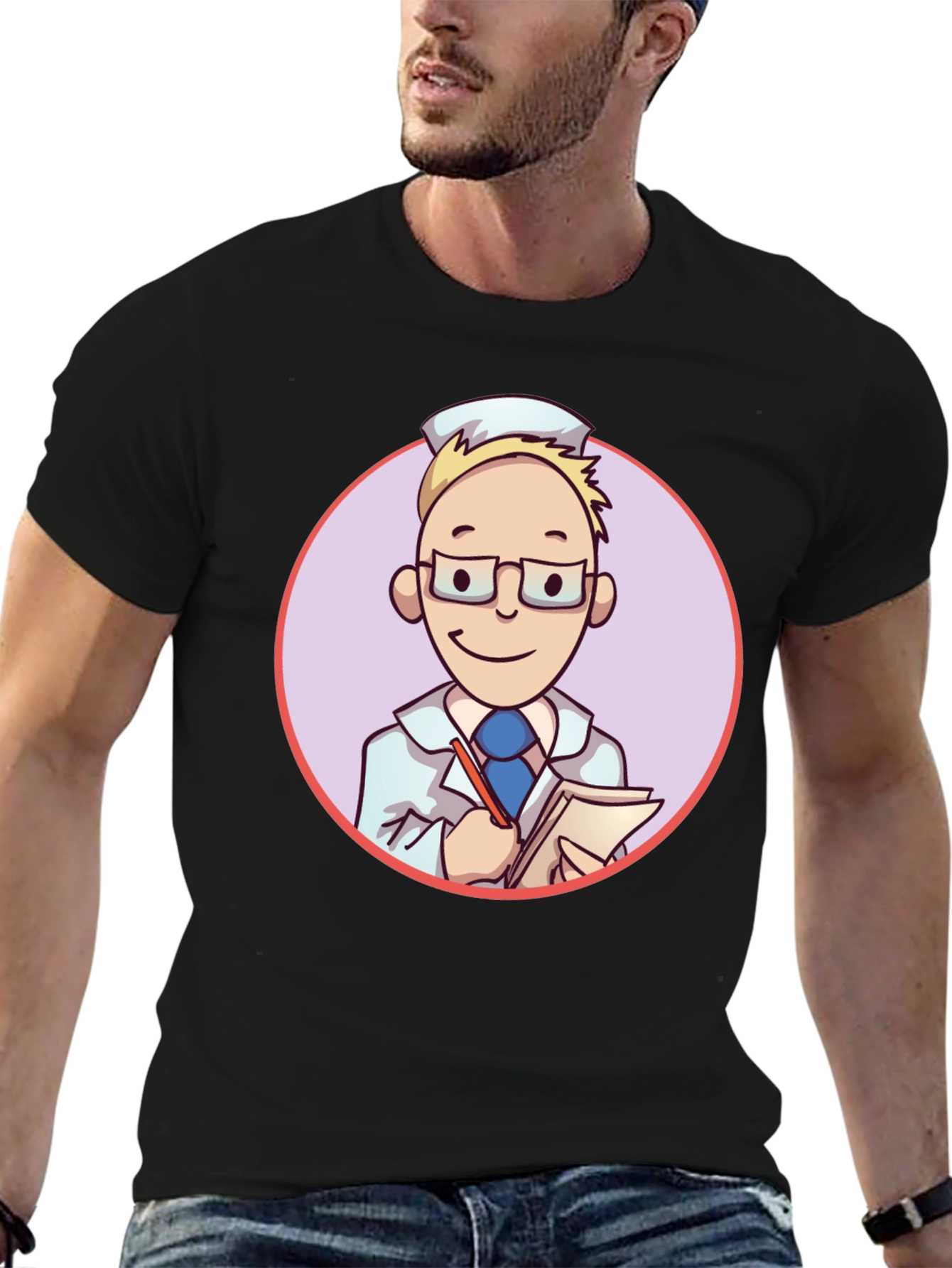 Black Cartoon Doctor Graphic Tee - Unisex Black T-Shirt view 6