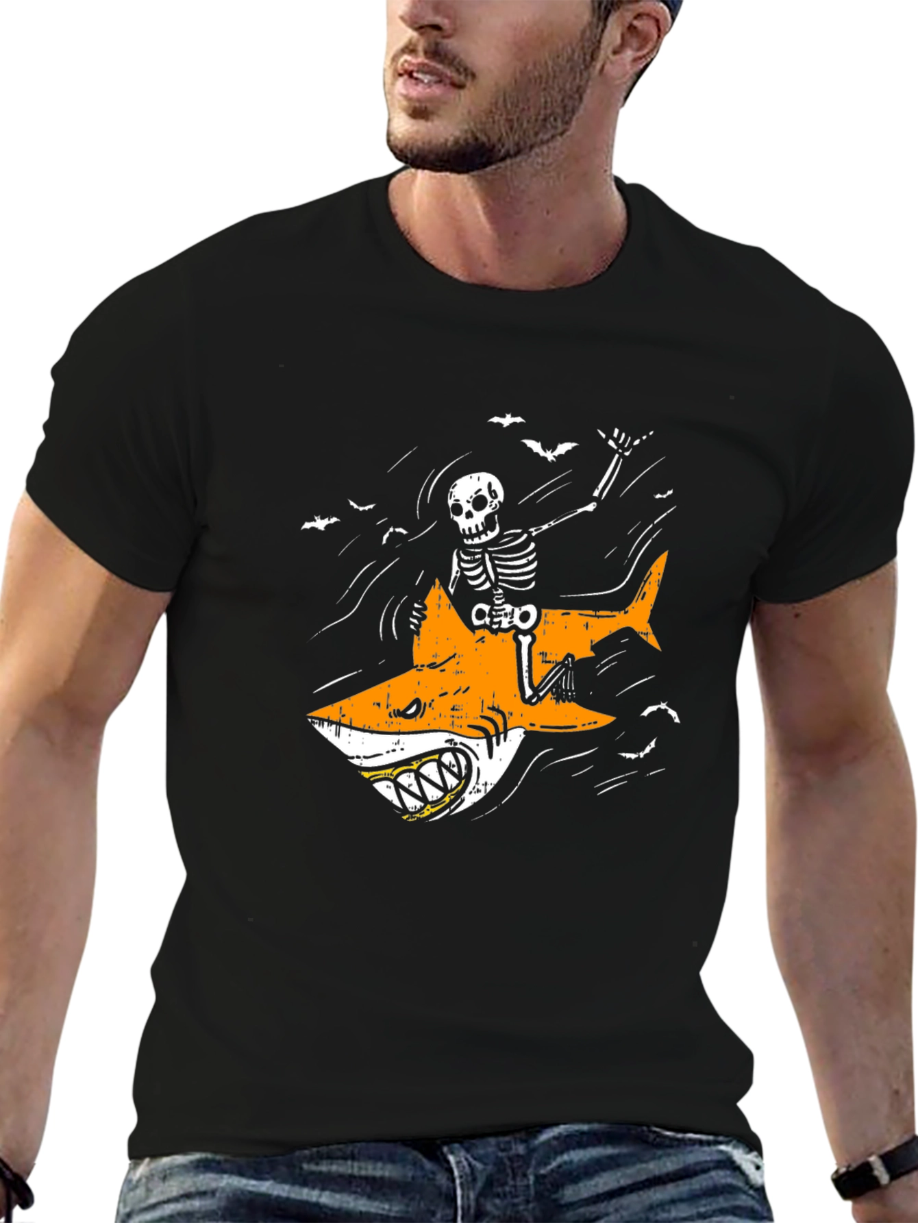 Black Skeleton Riding Shark Graphic Tee - Halloween Shirt view 6